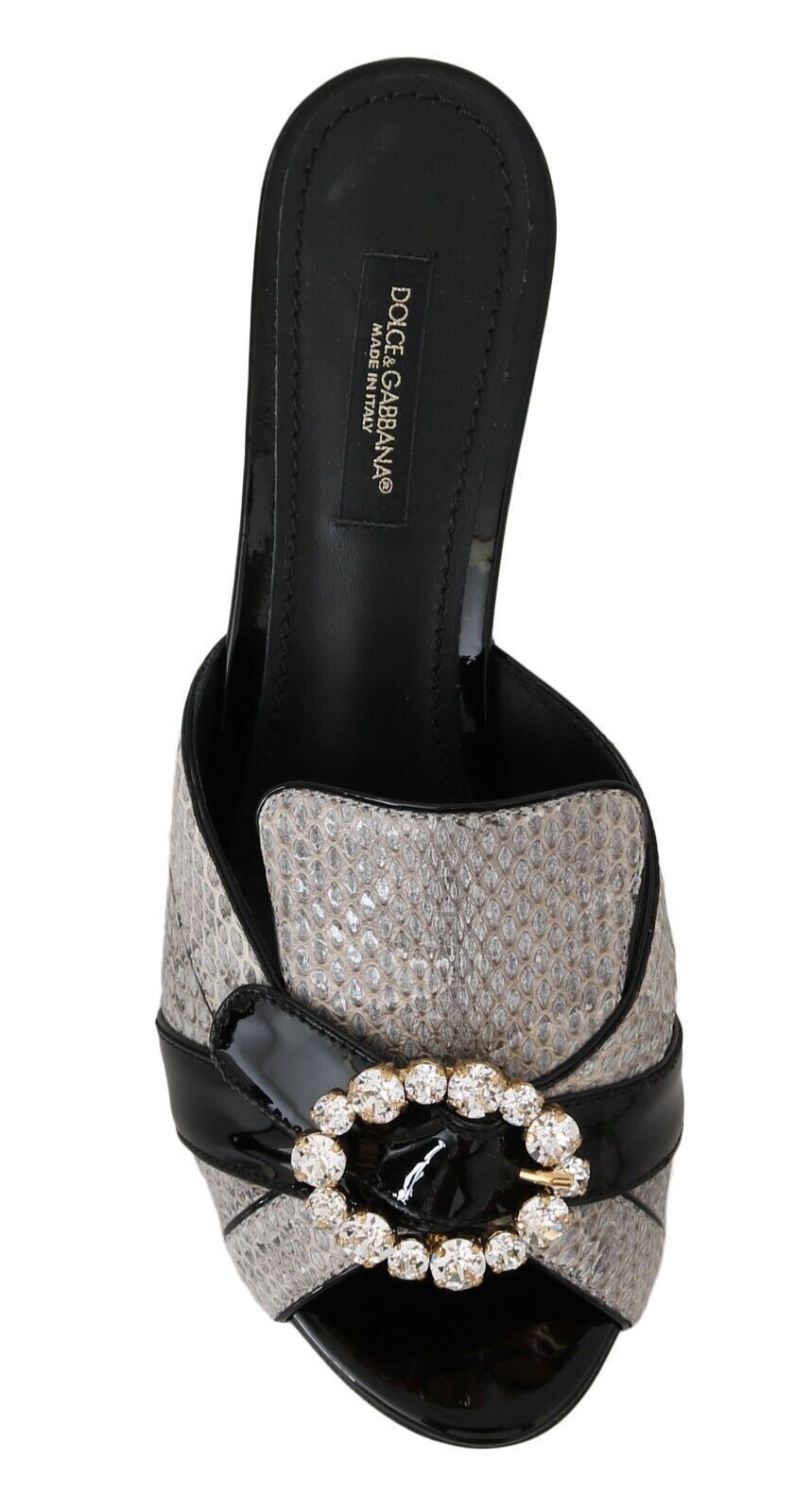 Dolce & Gabbana Black Gray Exotic Leather Crystals Sandals Women's Shoes