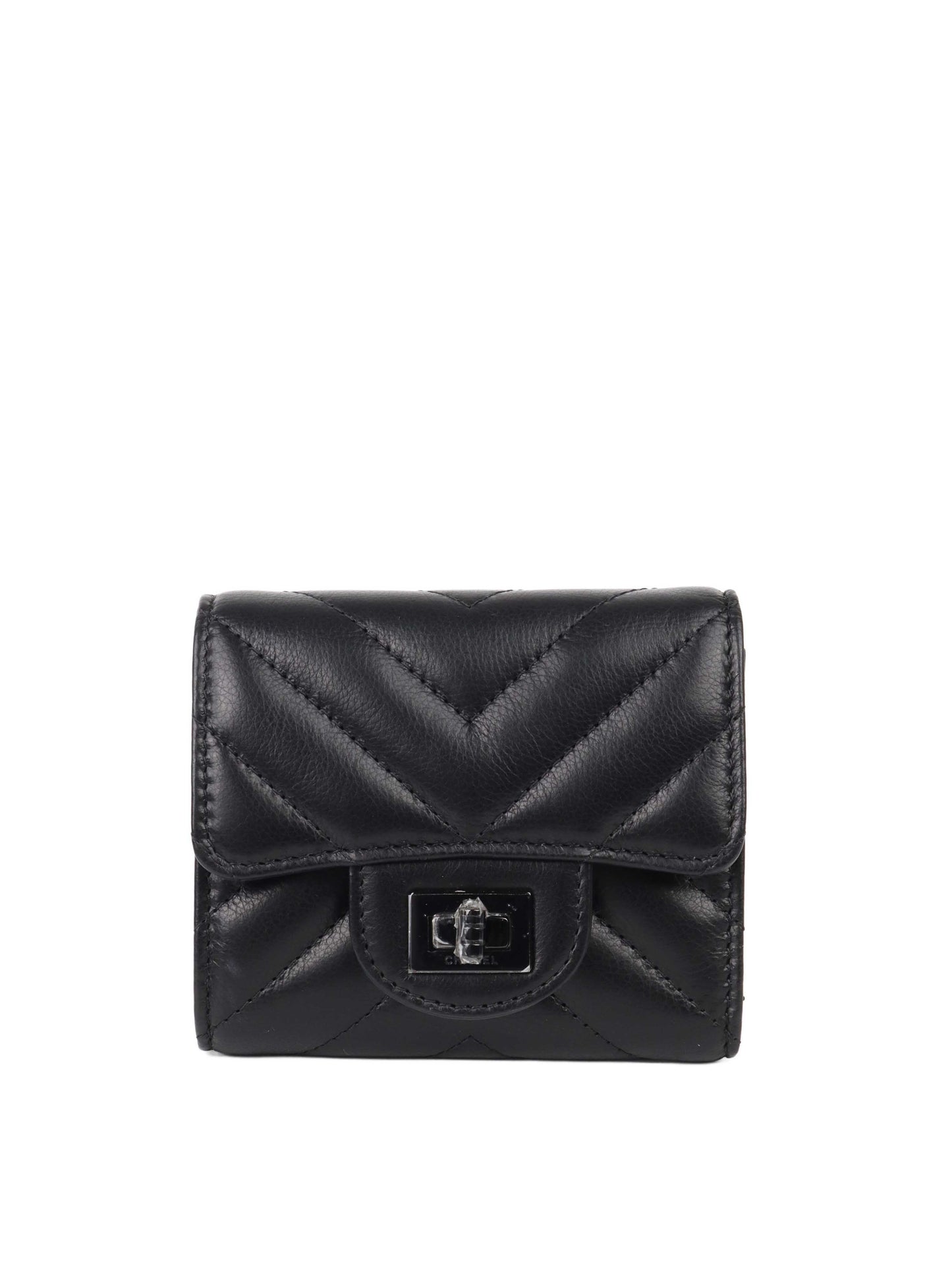 Chanel All Black Chevron 2.55 Compact Wallet.