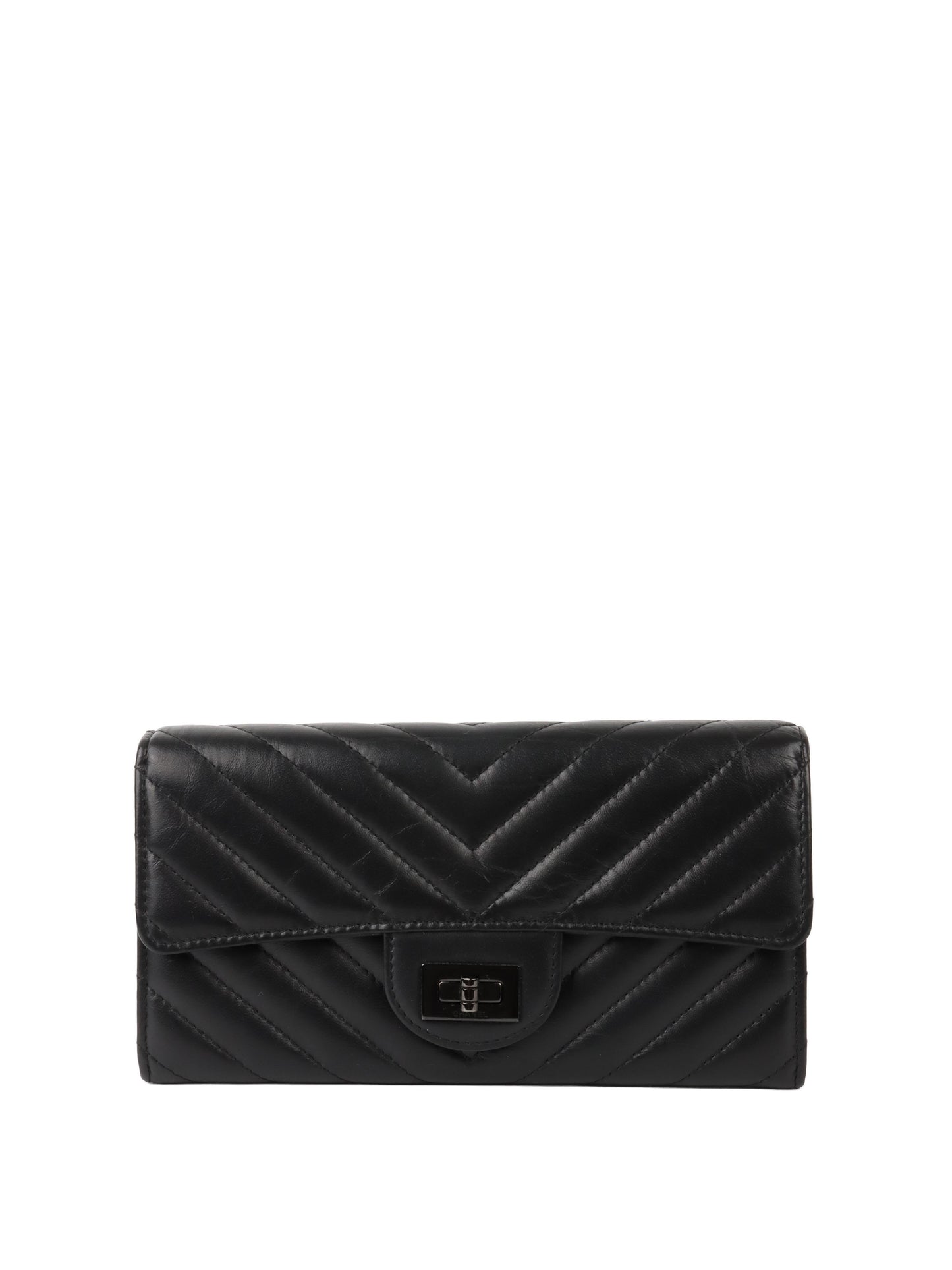 Chanel All Black Chevron 2.55 Large Wallet.
