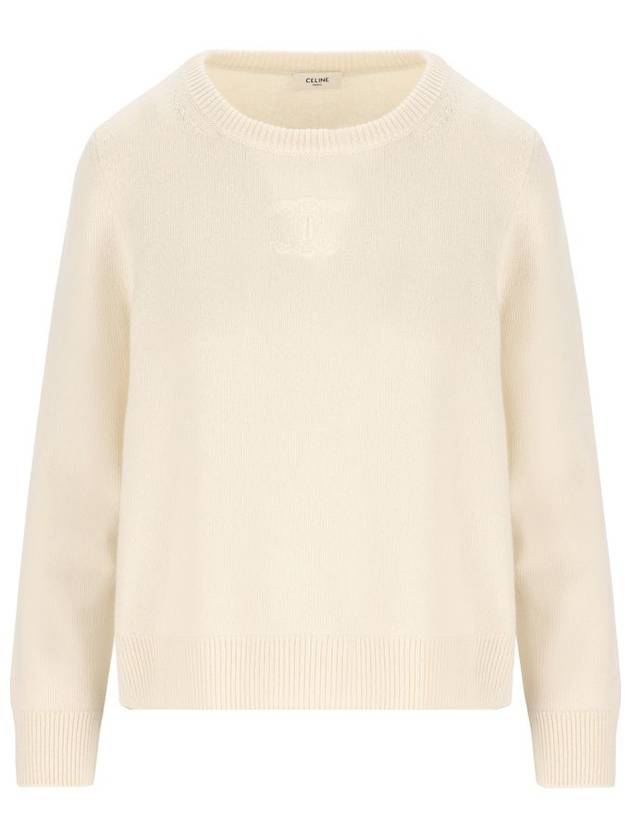 CELINE Triomphe Jacquard Crew Neck Heritage Cashmere Knit Top Off White