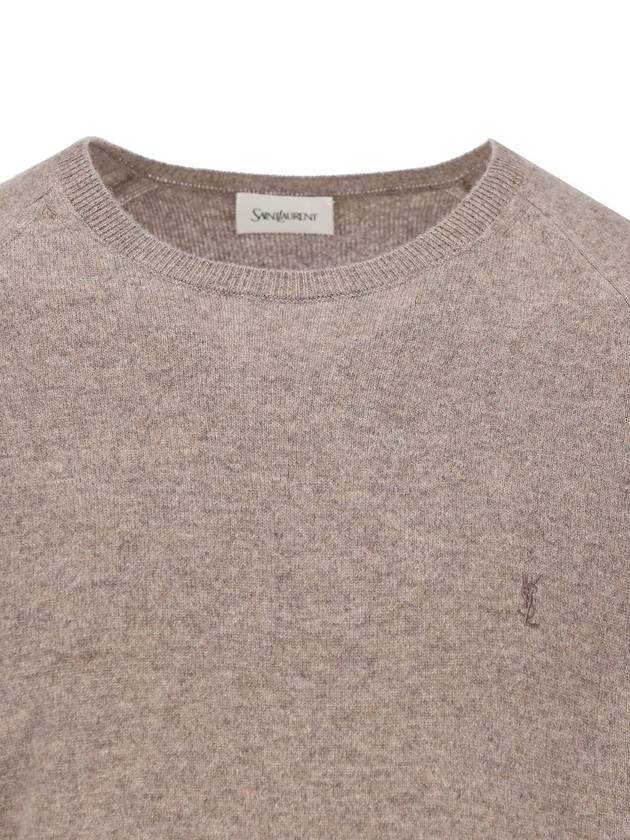 Saint Laurent Cassandre crew neck long sleeve knit top beige