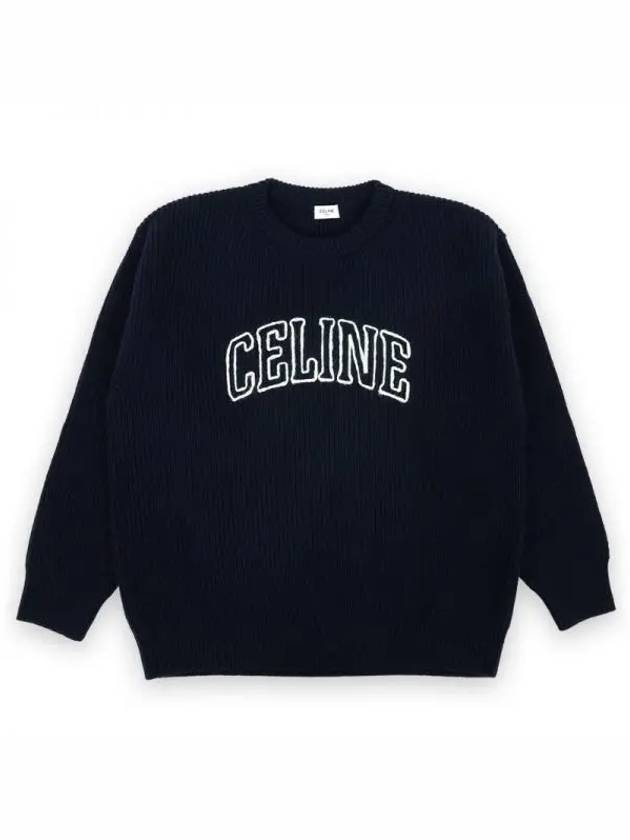 CELINE Logo Oversized Wool Knit Top Navy