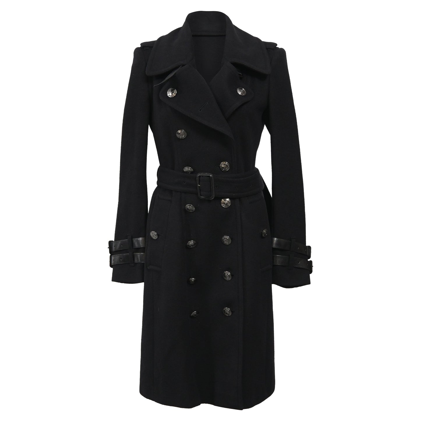 Burberry Belted Double-Breasted Trench Coat in Black Wool