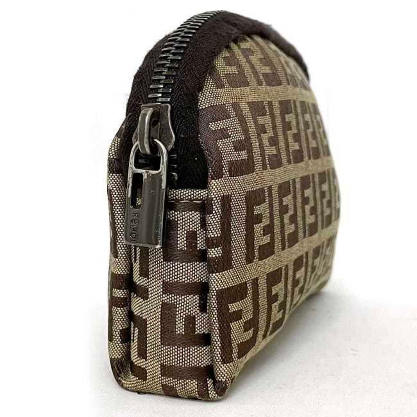 FENDI Pouch Beige Brown Zucchino 7N0003 Canvas Leather FF Women's