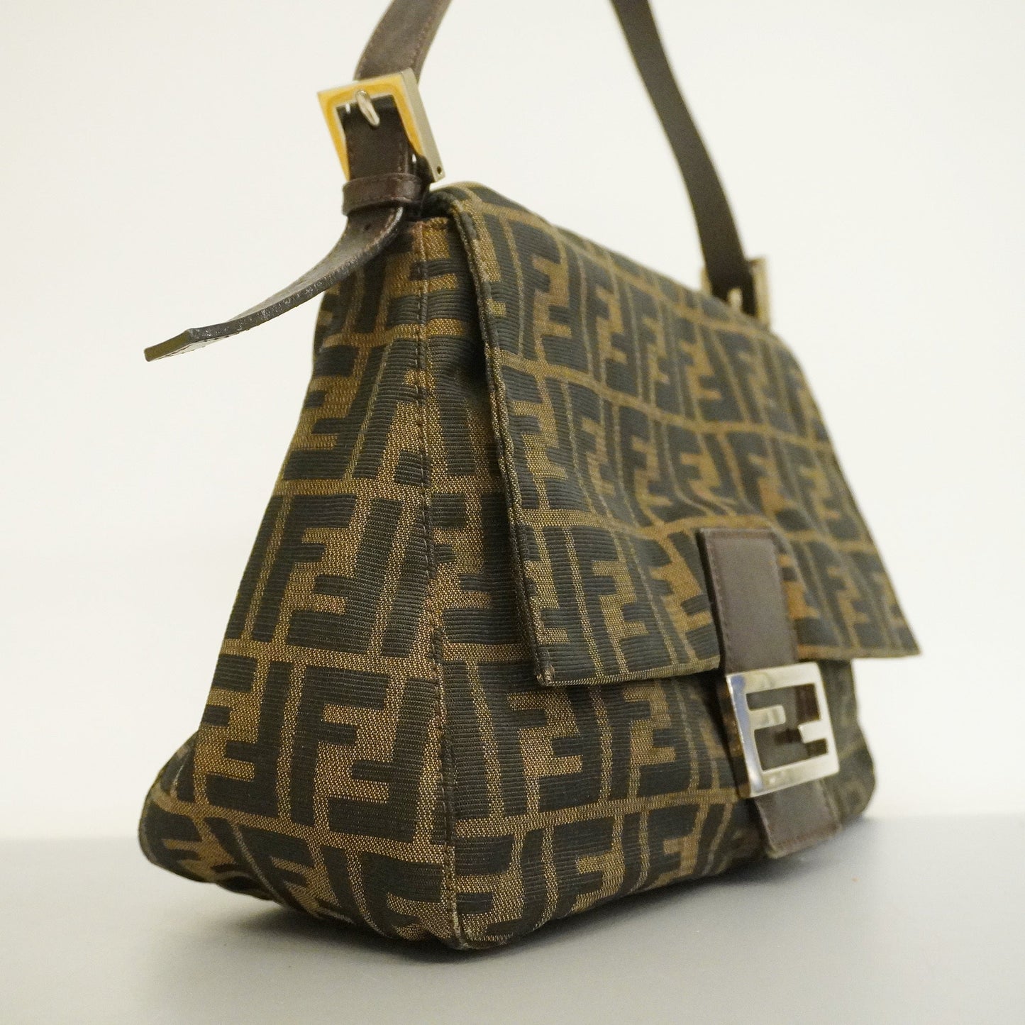 FENDIAuth Zucca Handbag Women's Nylon Canvas,Leather Handbag Brown
