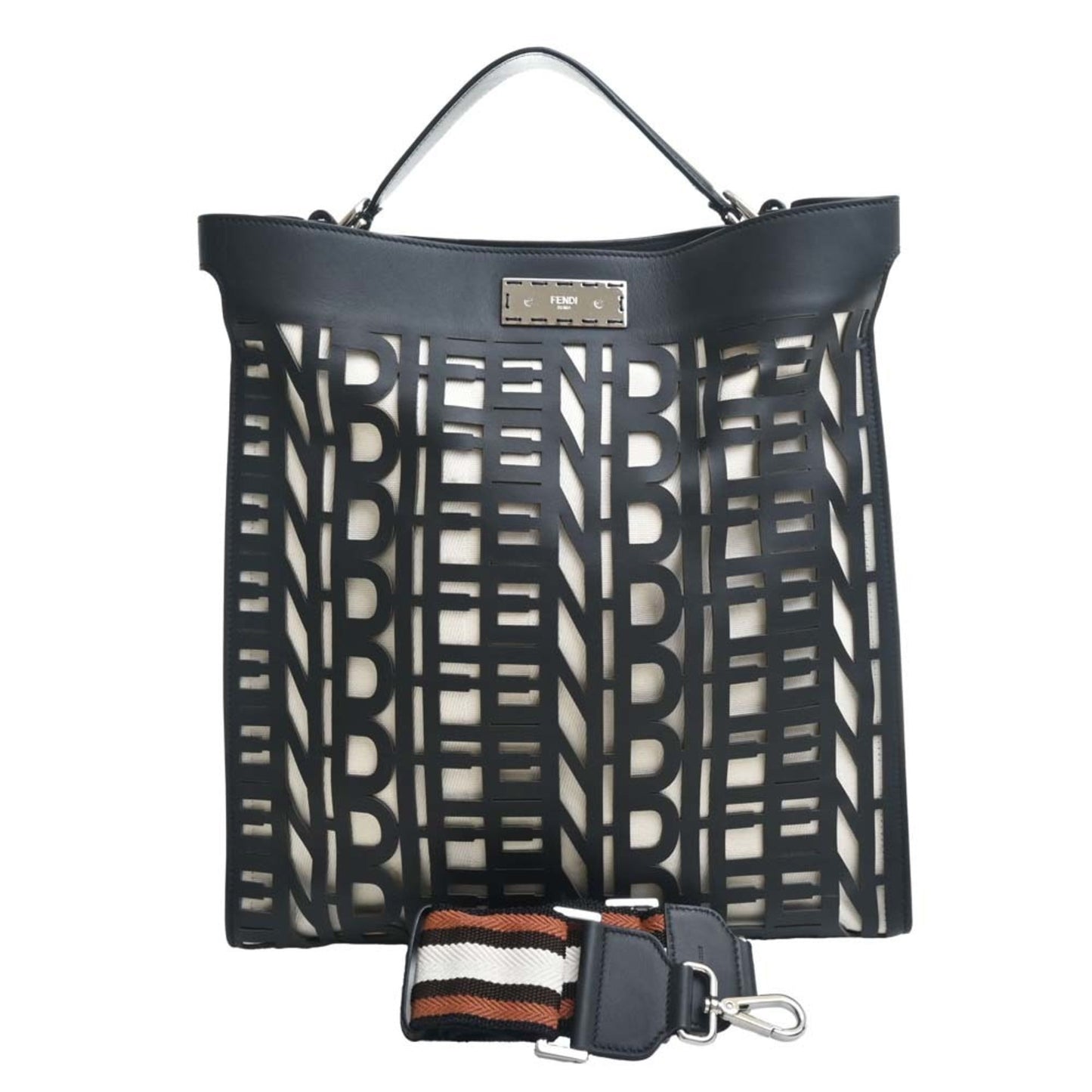 FENDI Leather Canvas Peekaboo X-Rite Shoulder Bag 7V47 Black Natural Ladies