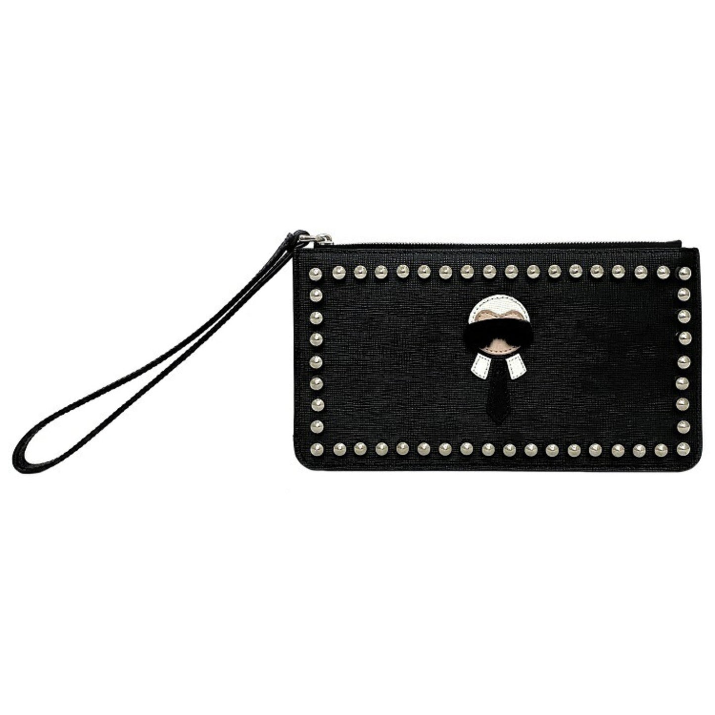 FENDI Pouch Black Silver Punker Lito 8M0341 PVC Leather Studs Fur Karl Lagerfeld Mini Character Round with Strap