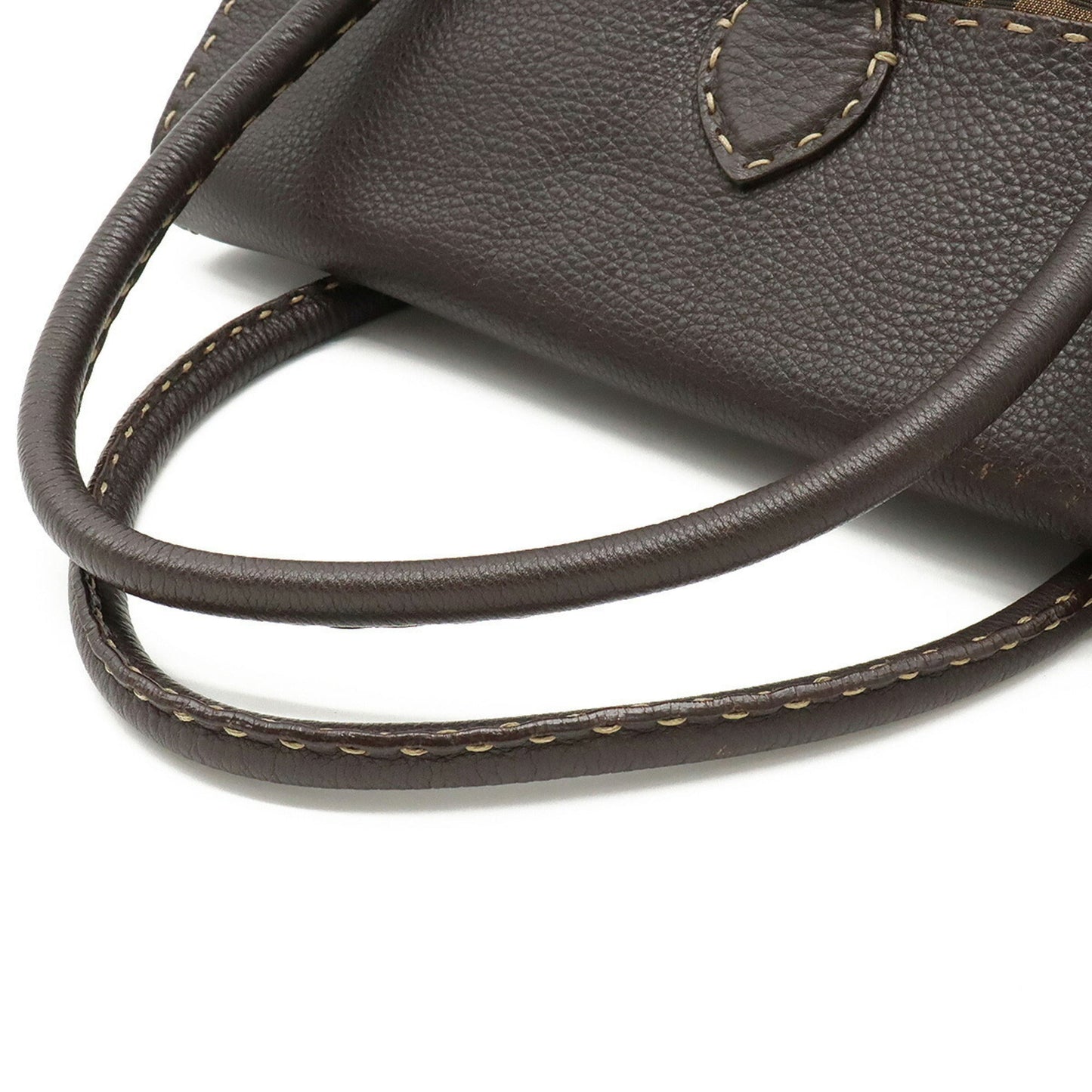 FENDI Zucca Pattern Selleria Linda Bag Handbag Canvas Leather Khaki Brown Dark 8BR449