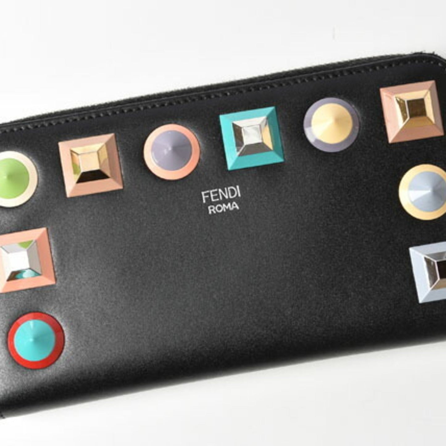 FENDI wallet long round zipper rainbow leather black multicolor studs 8M0299