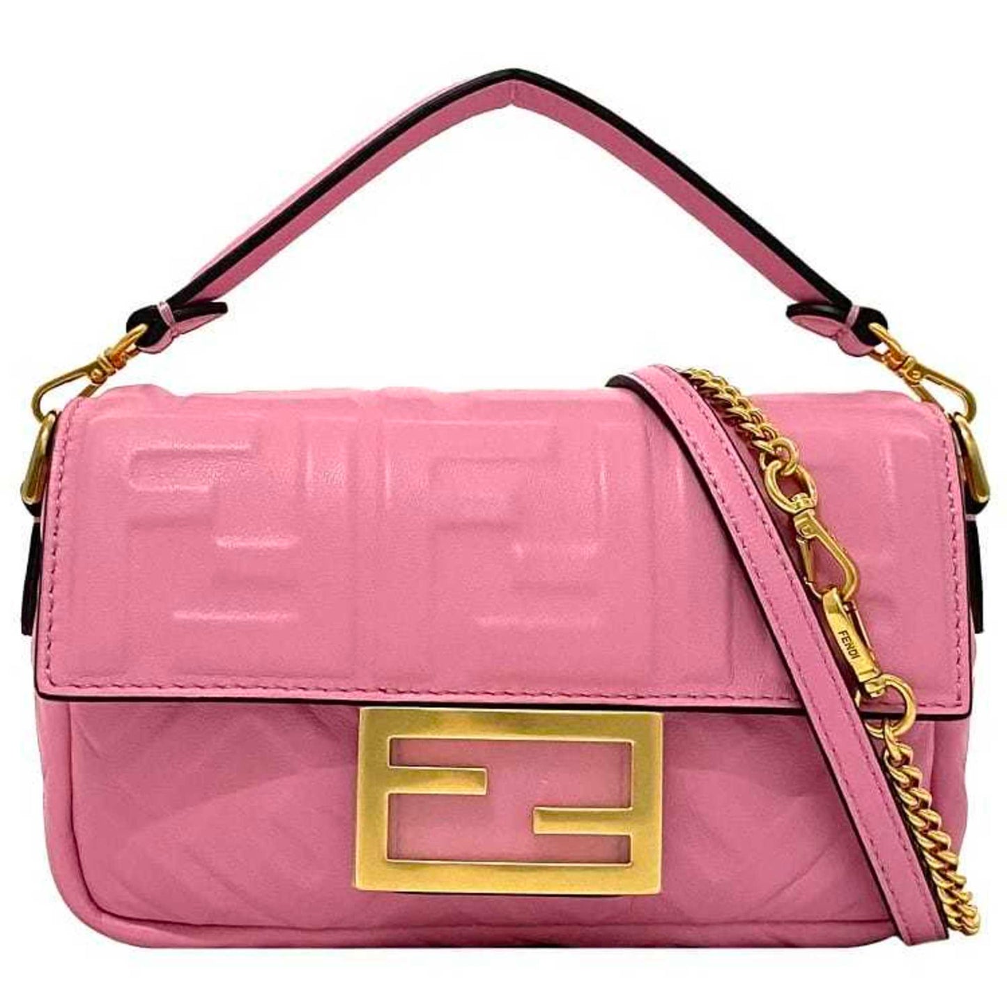 FENDI Baguette Small Pink Gold 8BS017 Leather GP Shoulder Bag FF Embossed Ladies Chain
