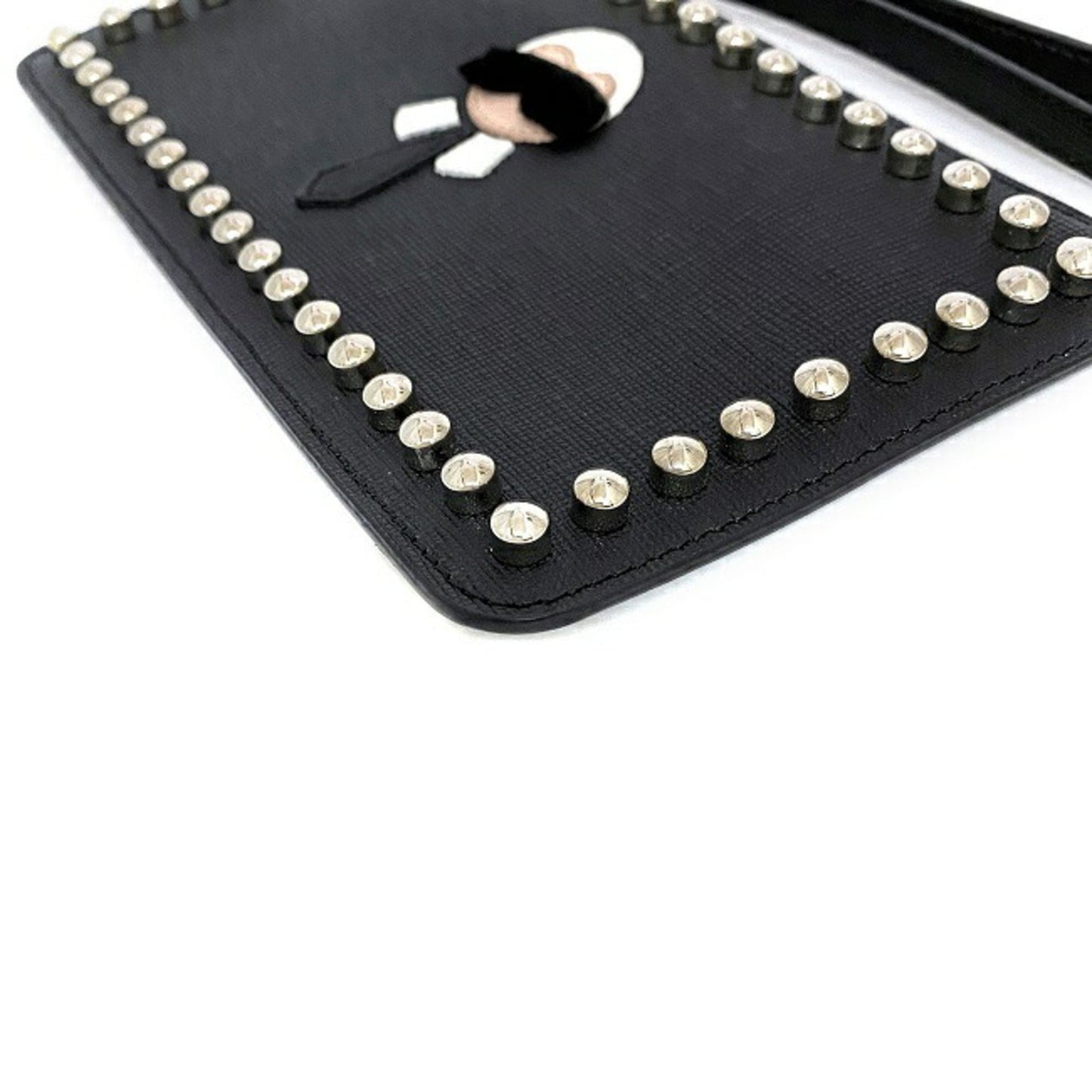 FENDI Pouch Black Silver Punker Lito 8M0341 PVC Leather Studs Fur Karl Lagerfeld Mini Character Round with Strap