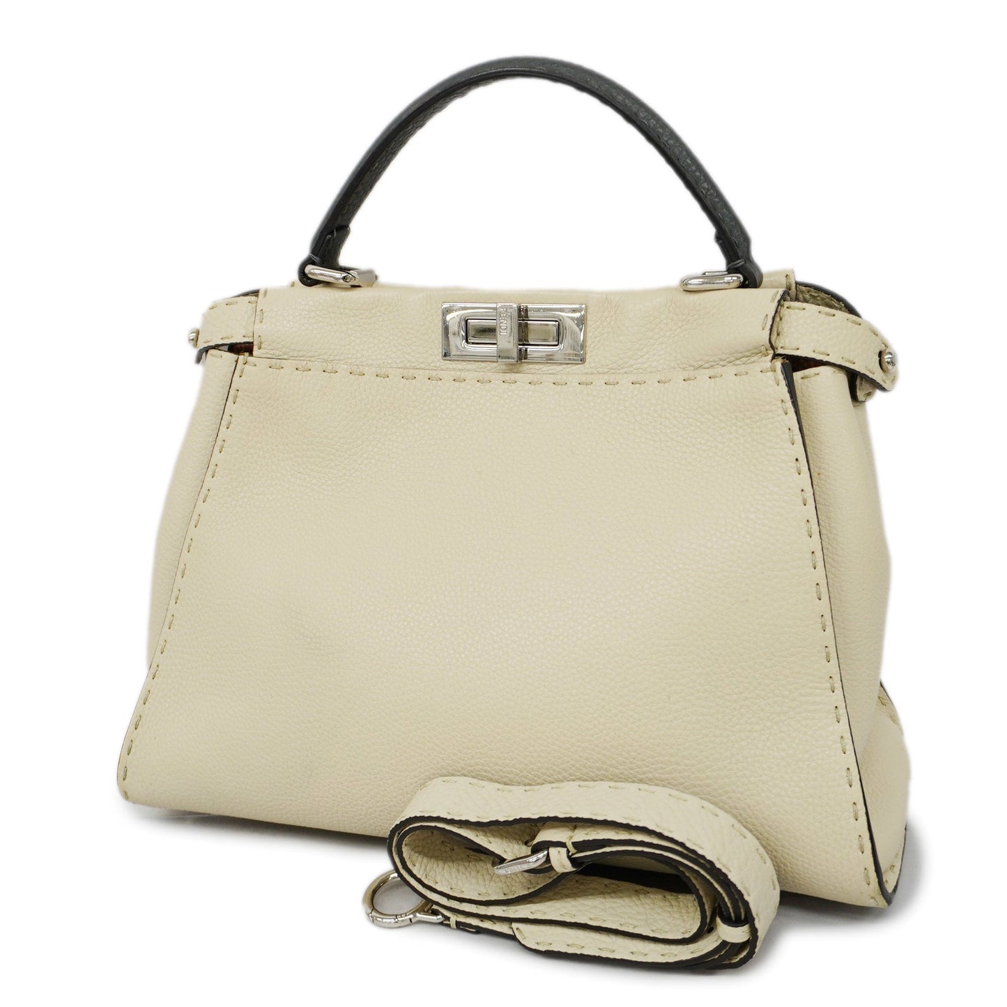 FENDIAuth Peekaboo 2way Bag Selleria Leather Handbag,Shoulder Bag Gray,Ivory
