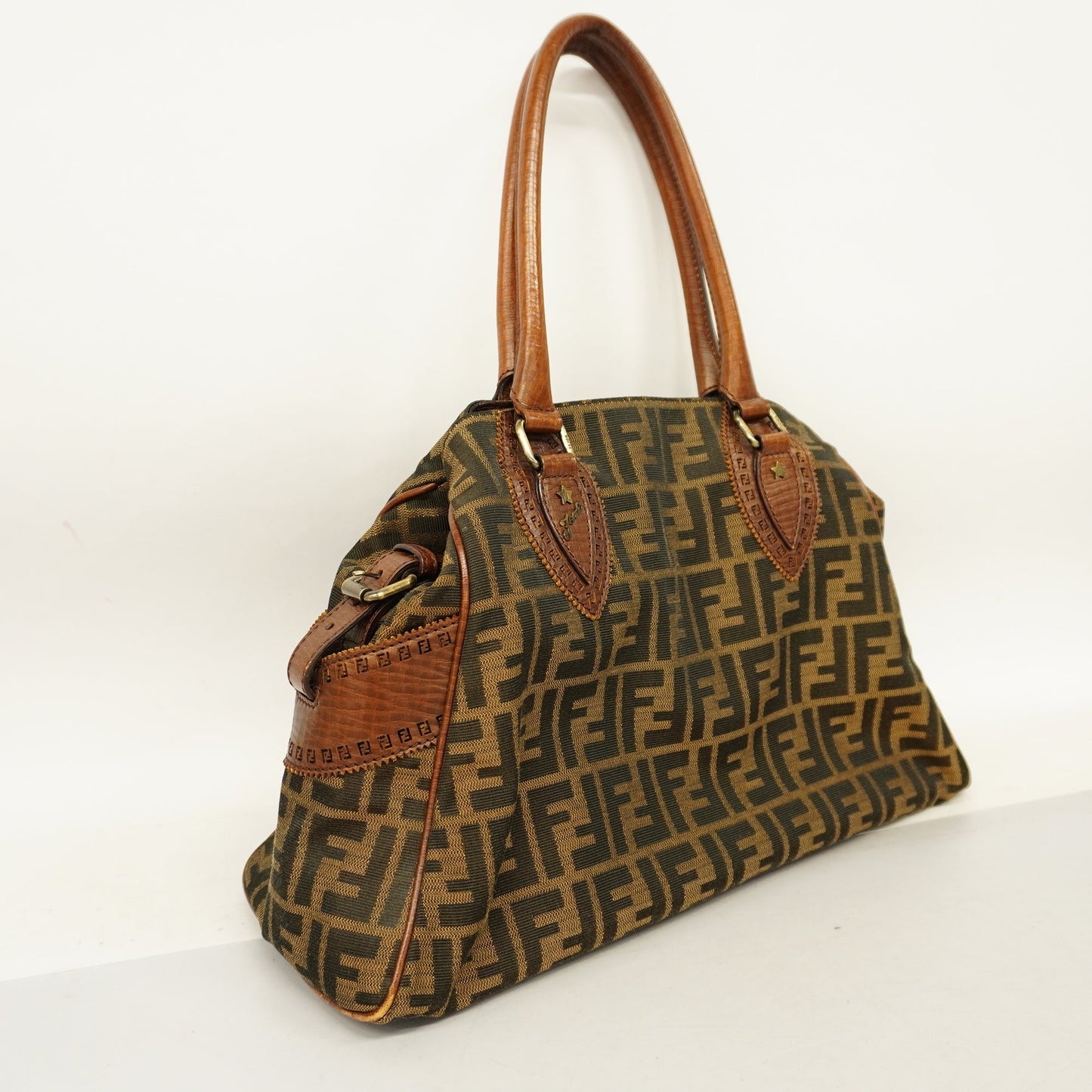 FENDIAuth Zucca Tote Bag Women's Nylon Canvas,Leather Tote Bag Brown