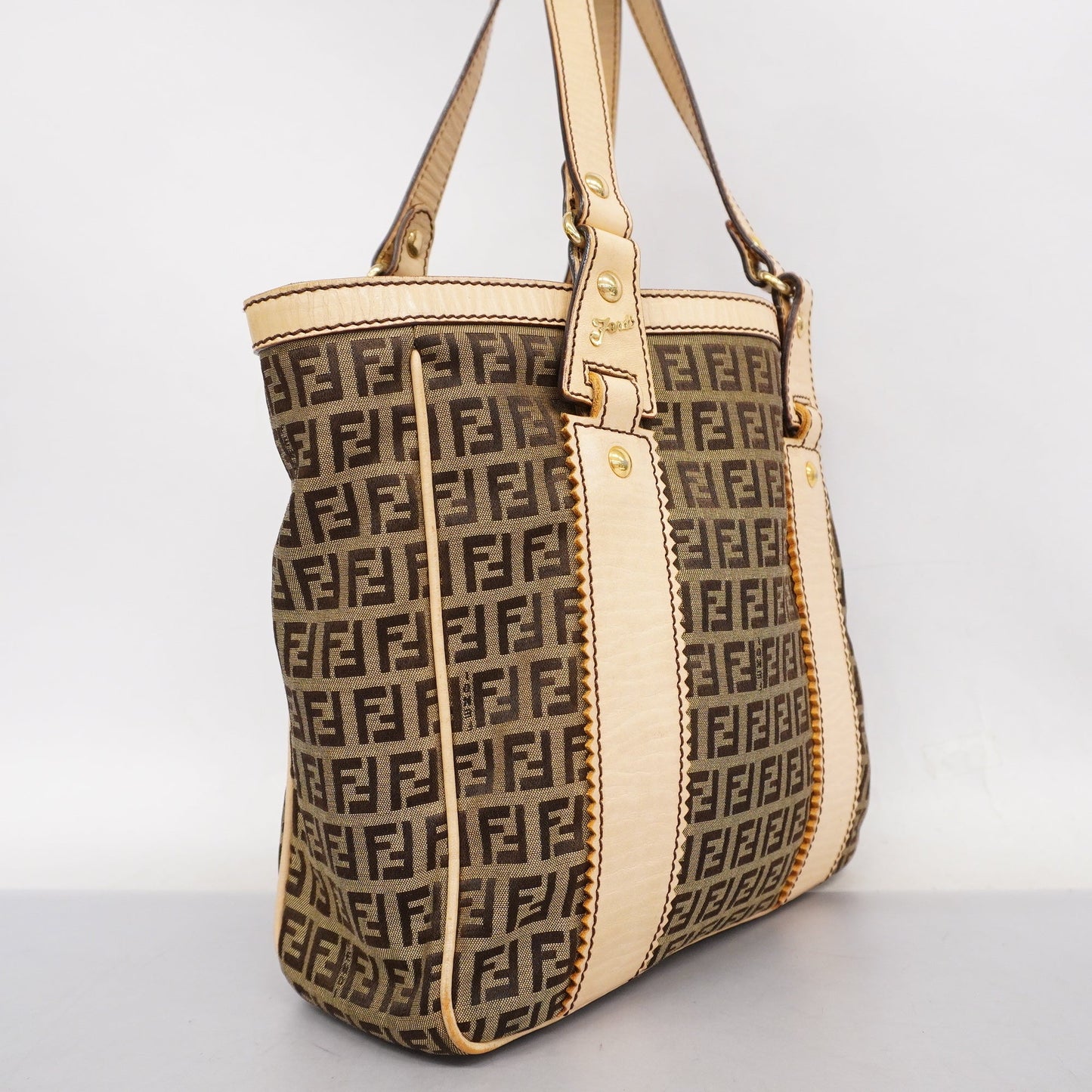 FENDIAuth Zucchino Shoulder Bag Women's Canvas,Leather Tote Bag Beige,Brown