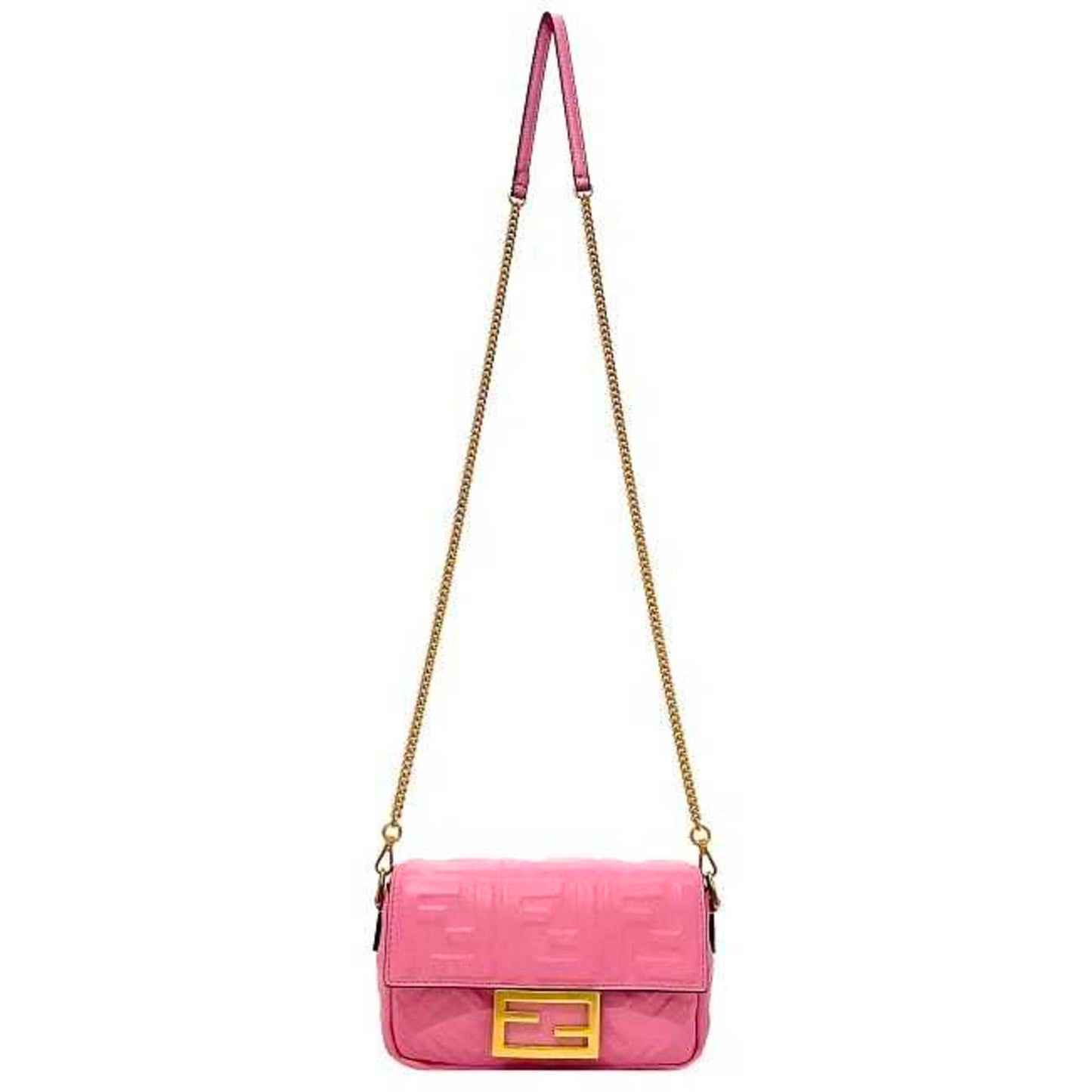 FENDI Baguette Small Pink Gold 8BS017 Leather GP Shoulder Bag FF Embossed Ladies Chain