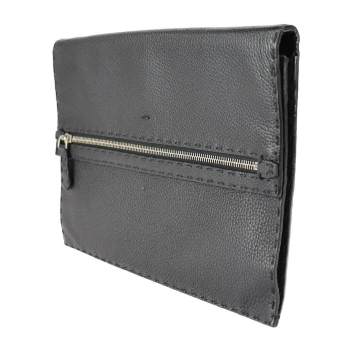 FENDI Selleria Clutch Bag 7VA376 Roman Leather Black Silver Hardware Wristlet Second Pouch