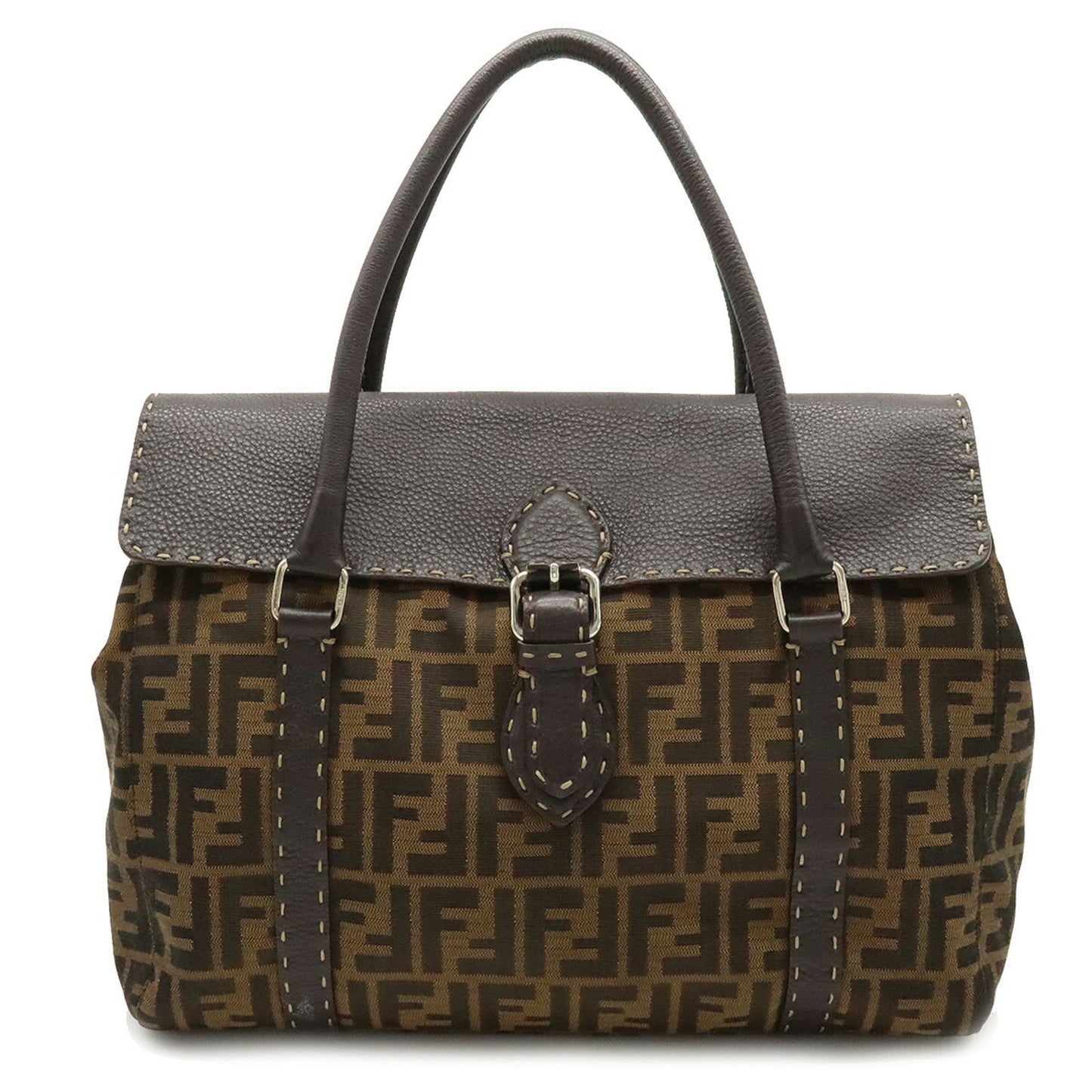 FENDI Zucca Pattern Selleria Linda Bag Handbag Canvas Leather Khaki Brown Dark 8BR449