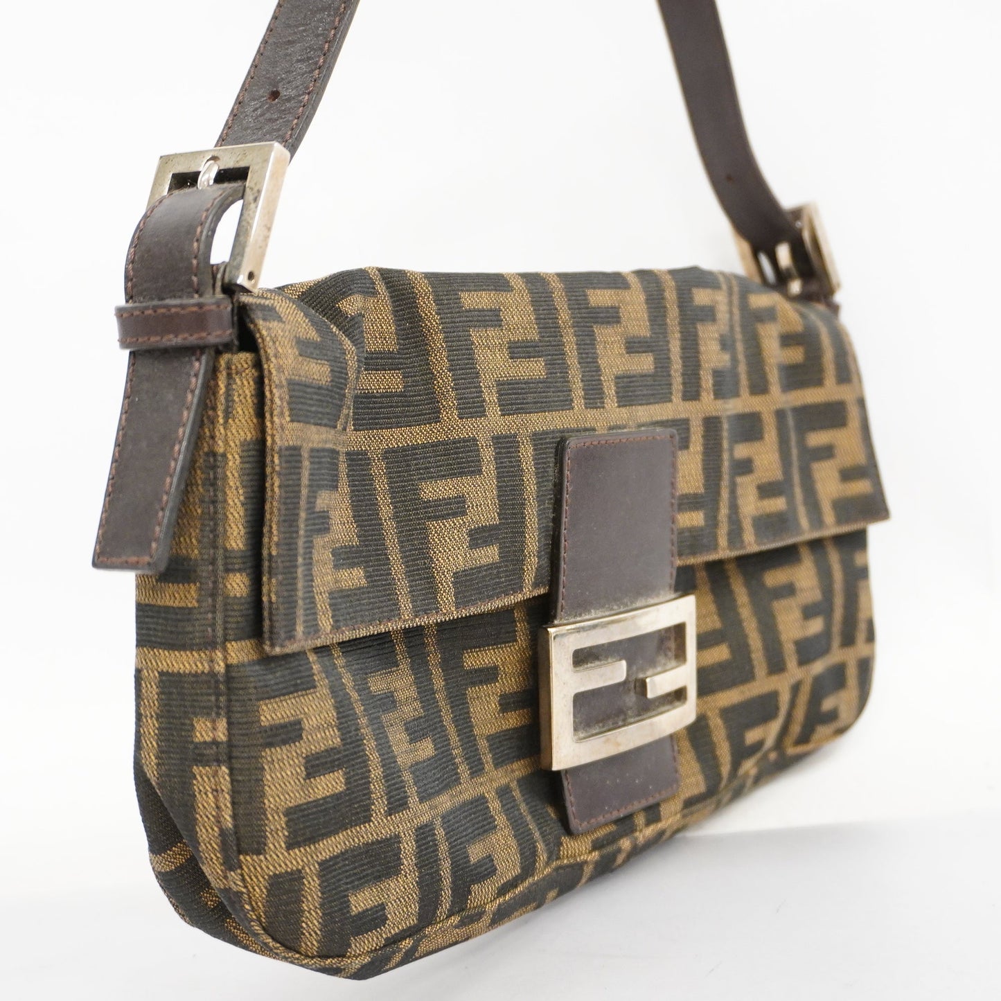 FENDIAuth Zucca Mamma Bucket Women's Nylon Canvas Handbag Brown