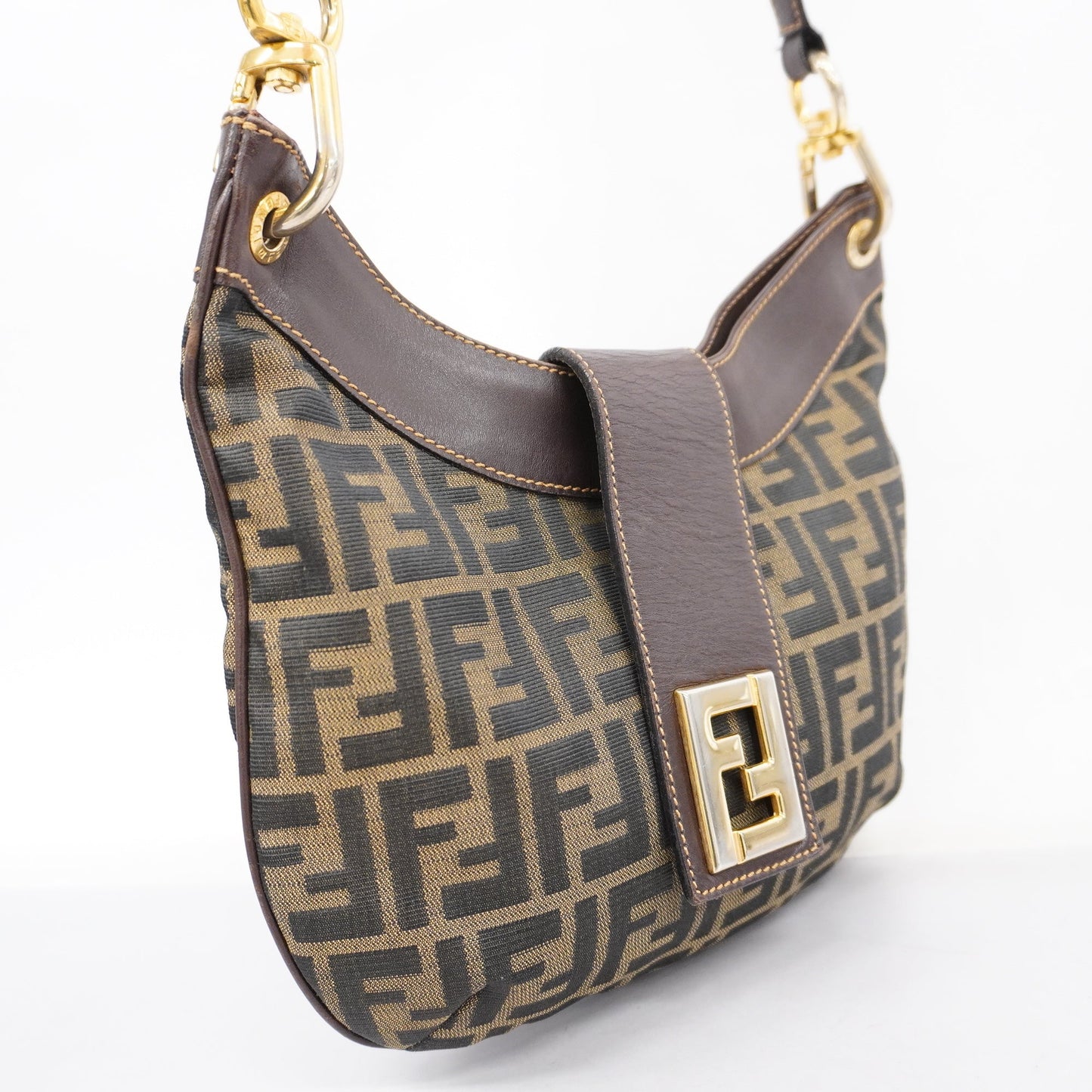 FENDIAuth Zucca Shoulder Bag Women's Nylon Canvas,Leather Brown