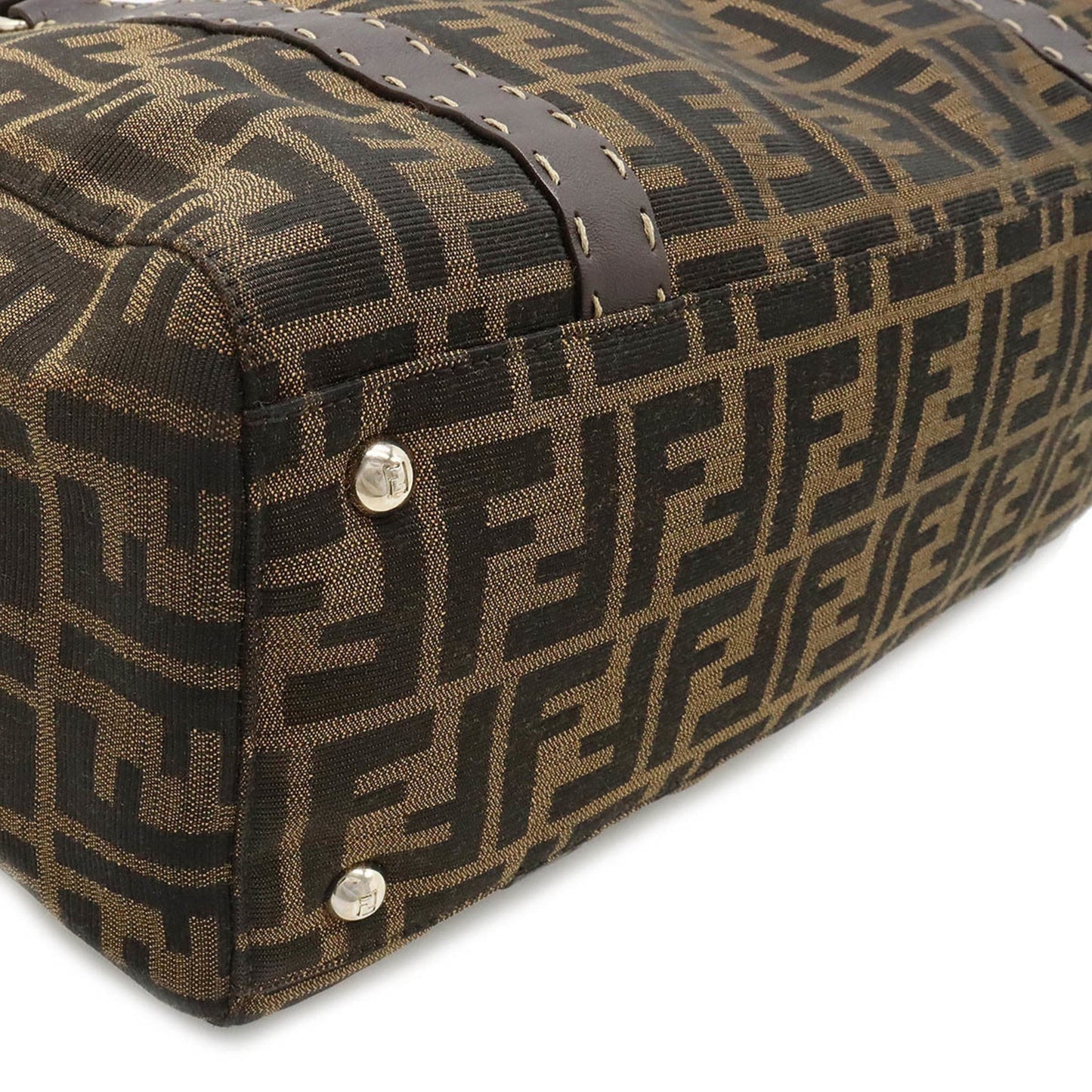 FENDI Zucca Pattern Selleria Linda Bag Handbag Canvas Leather Khaki Brown Dark 8BR449