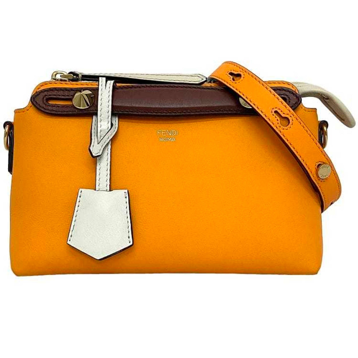 FENDI 2way visor way orange white brown 8BL145 leather shoulder bag handbag pochette studs ladies