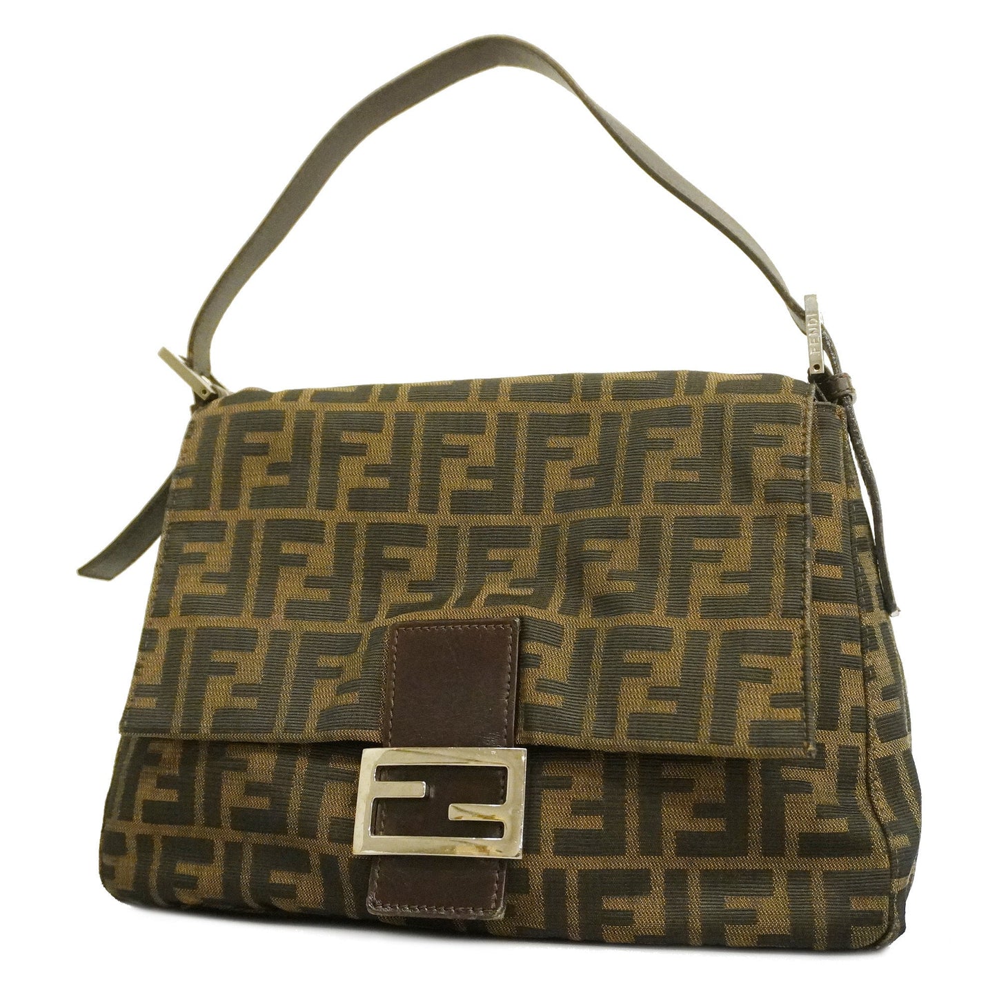 FENDIAuth Zucca Handbag Women's Nylon Canvas,Leather Handbag Brown
