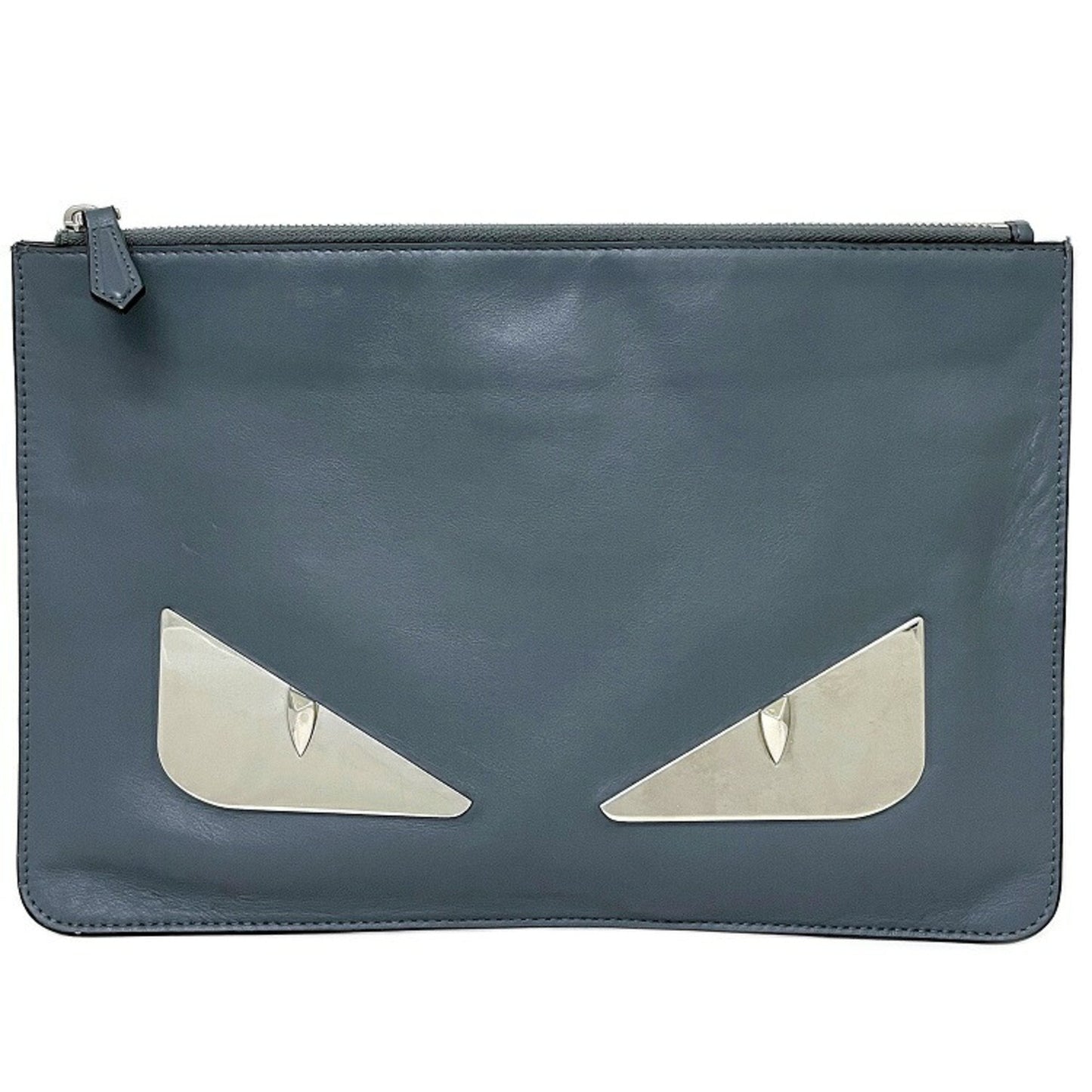 Fendi Clutch Bag Gray Silver Mon 7N0078 Plate Pouch Second Leather FENDI Women's Men's Dual