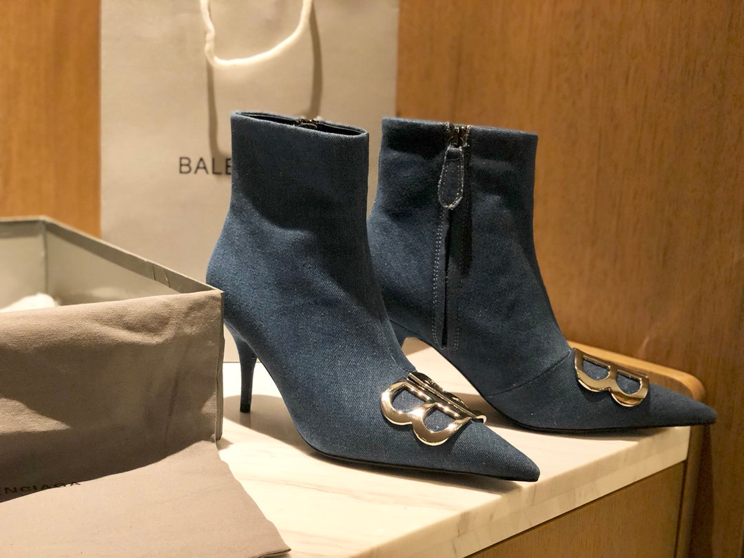 Balanciaga POINTED-TOE HIGH HEEL 80 MM ANKLE BOOTS IN BLUE DENIM
