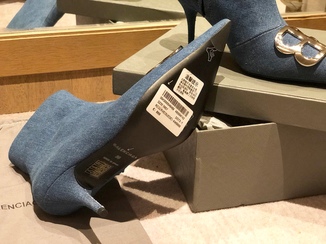 Balanciaga POINTED-TOE HIGH HEEL 80 MM ANKLE BOOTS IN BLUE DENIM