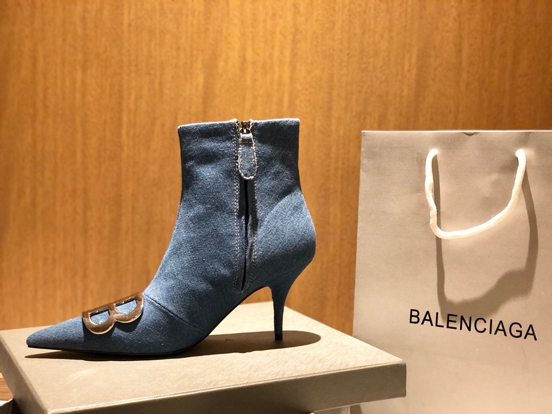 Balanciaga POINTED-TOE HIGH HEEL 80 MM ANKLE BOOTS IN BLUE DENIM