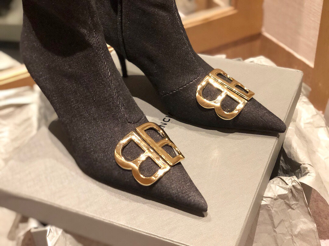 Balanciaga POINTED-TOE HIGH HEEL 80 MM ANKLE BOOTS IN BLACK DENIM