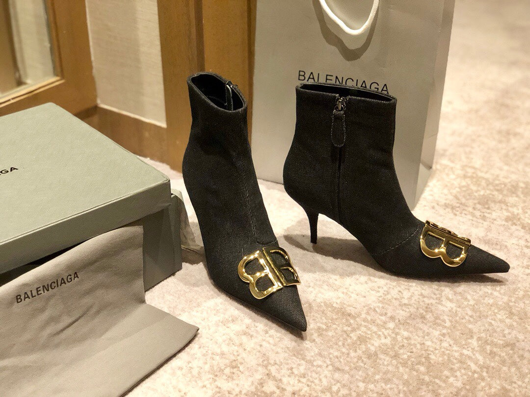 Balanciaga POINTED-TOE HIGH HEEL 80 MM ANKLE BOOTS IN BLACK DENIM