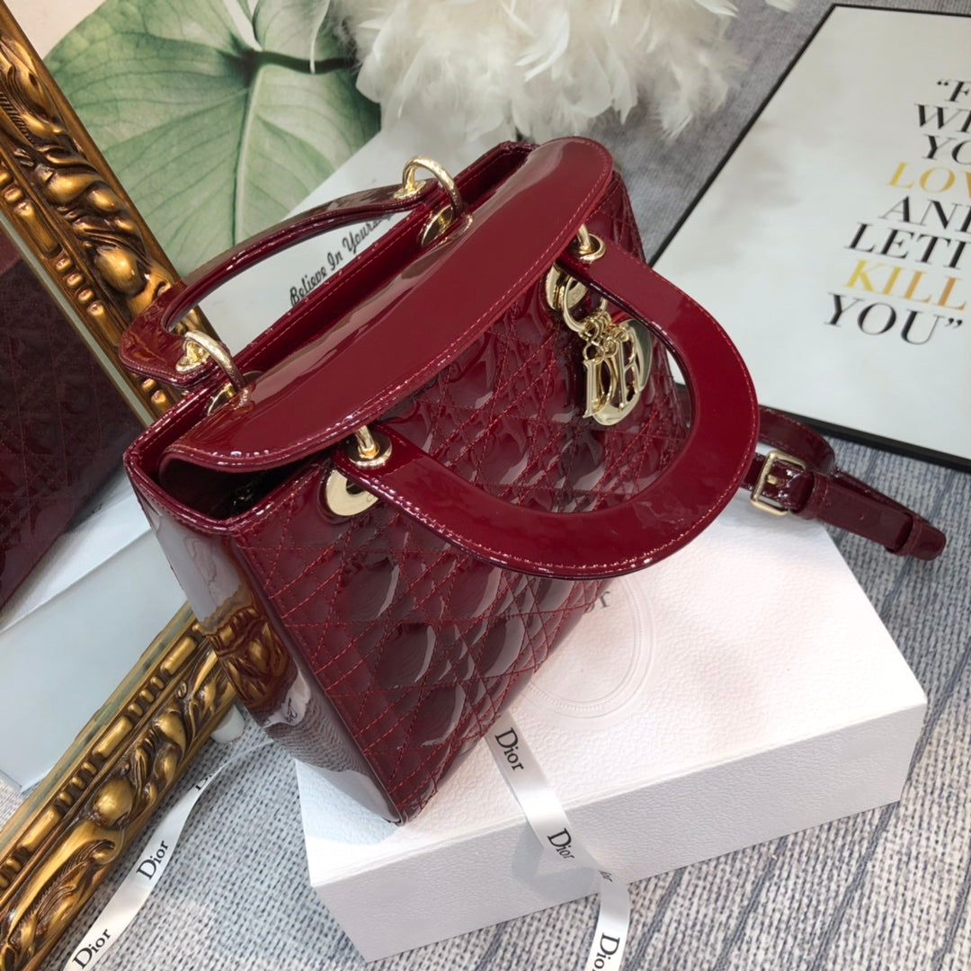DIOR medium lady 24 wine patent calfskin