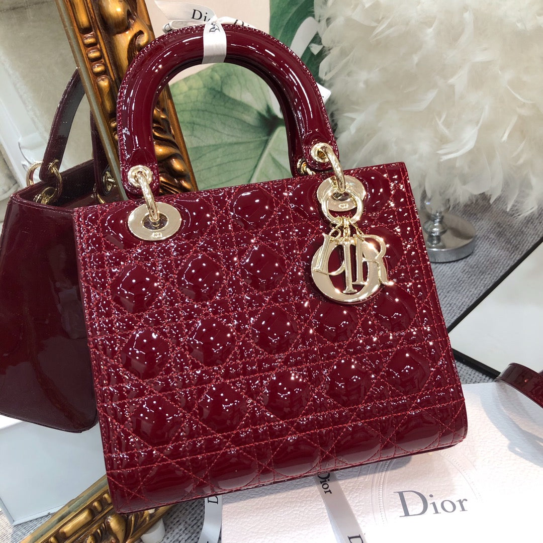 DIOR medium lady 24 wine patent calfskin