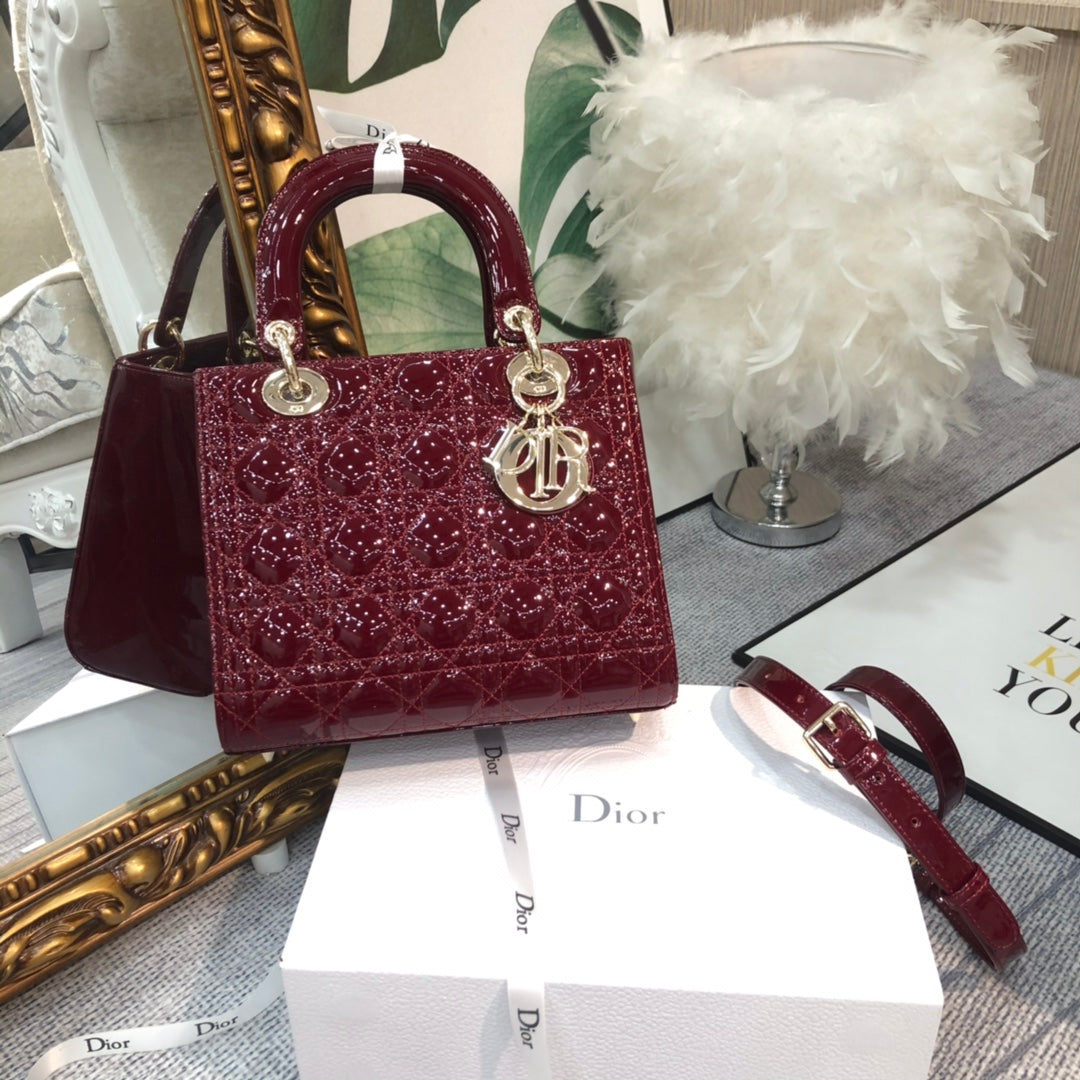 DIOR medium lady 24 wine patent calfskin