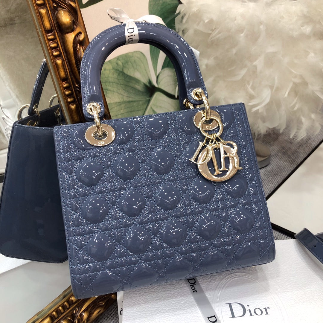 DIOR medium lady 24 raf blue patent calfskin