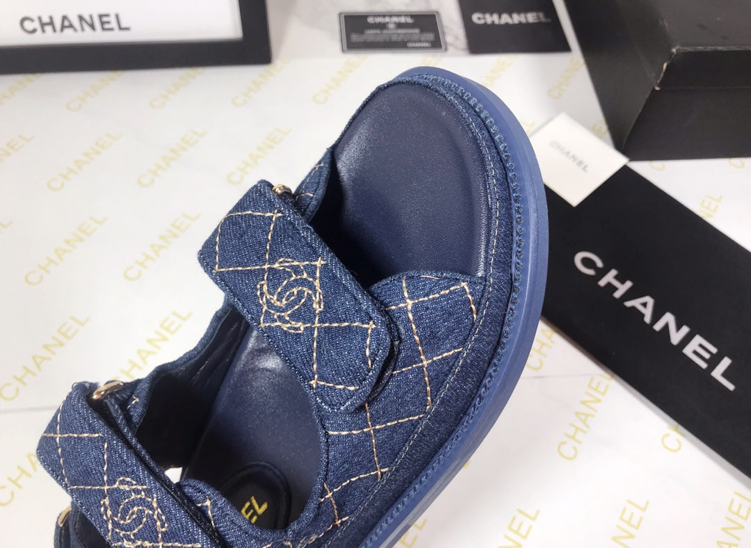 CHANEL 25S Dad Sandal Dark Blue Denim Beige Calfskin