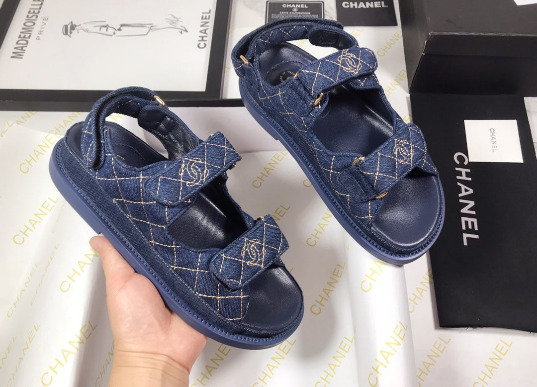 CHANEL 25S Dad Sandal Dark Blue Denim Beige Calfskin