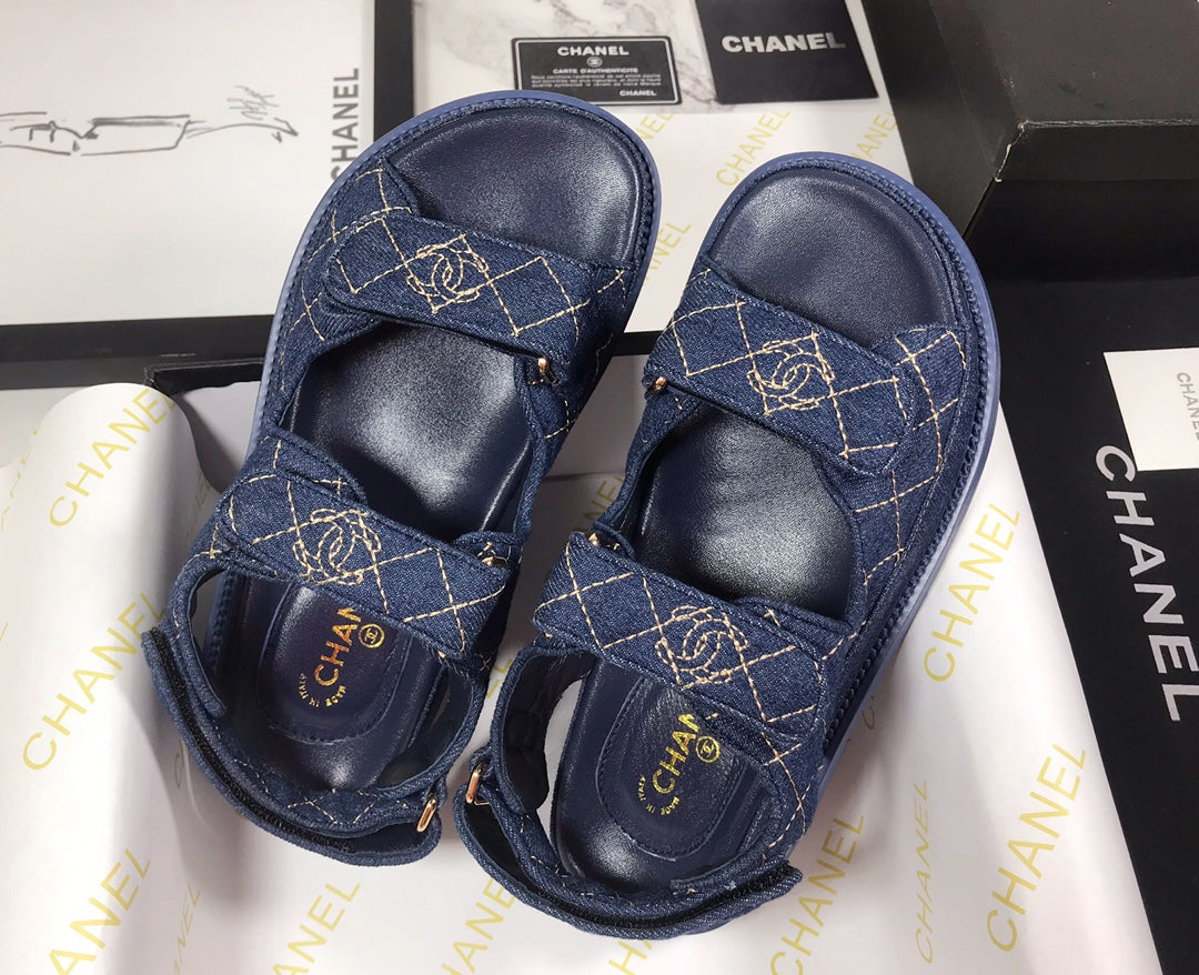 CHANEL 25S Dad Sandal Dark Blue Denim Beige Calfskin