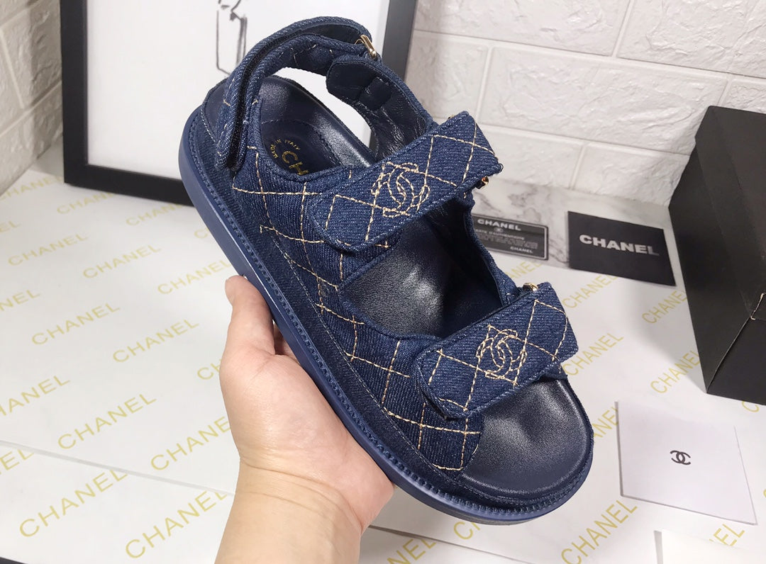 CHANEL 25S Dad Sandal Dark Blue Denim Beige Calfskin