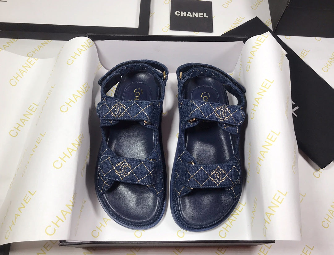 CHANEL 25S Dad Sandal Dark Blue Denim Beige Calfskin