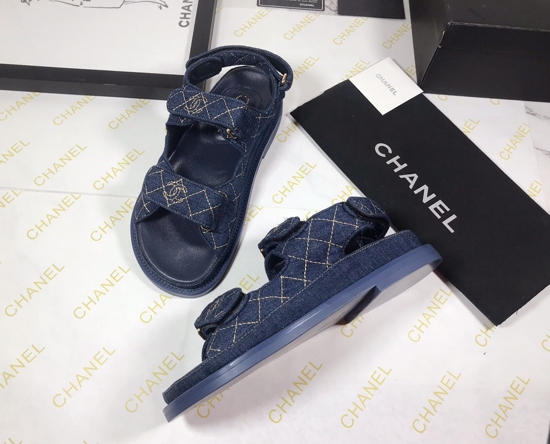 CHANEL 25S Dad Sandal Dark Blue Denim Beige Calfskin