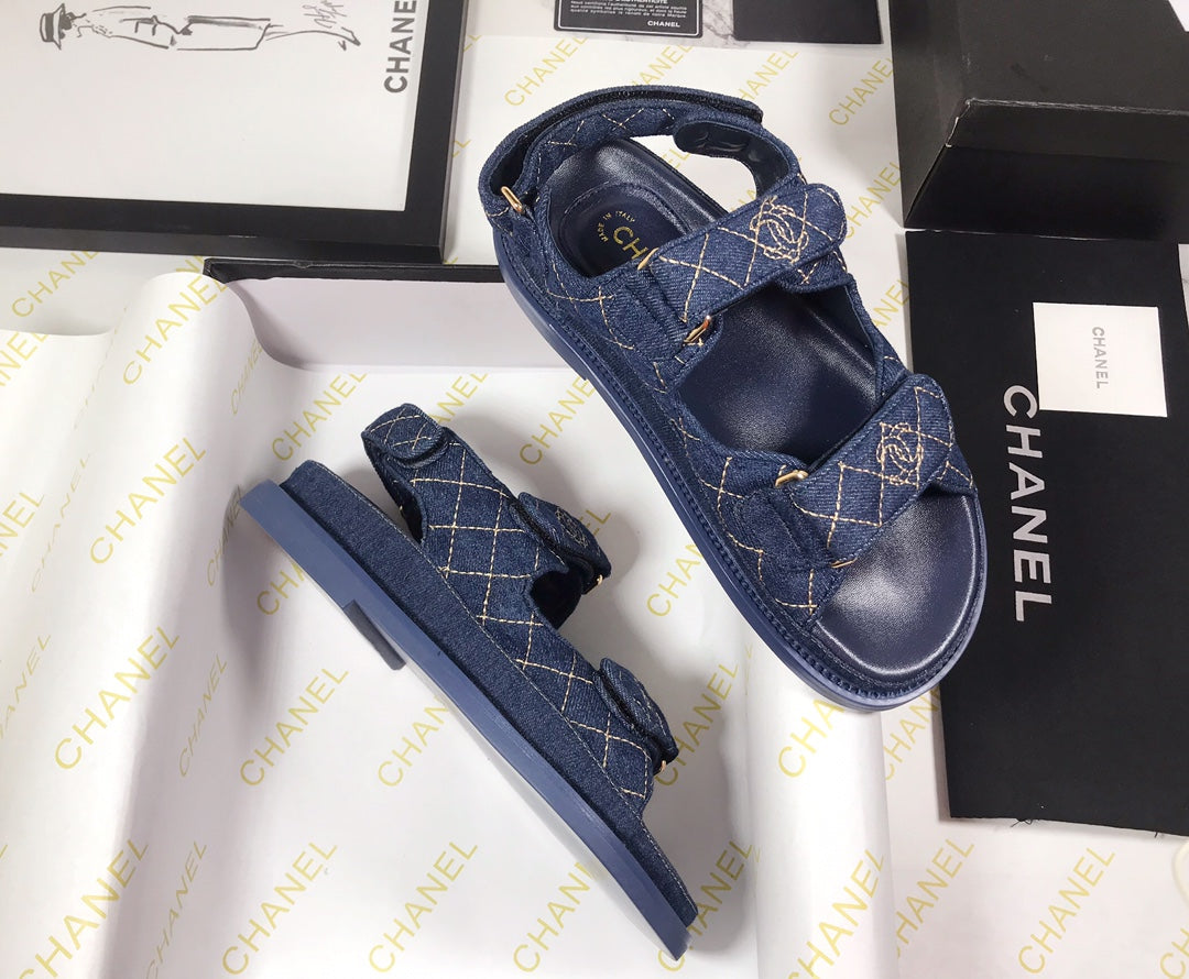 CHANEL 25S Dad Sandal Dark Blue Denim Beige Calfskin