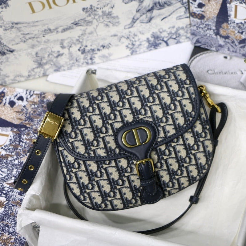 DIOR MEDIUM BOBBY 22CM BLUE OBLIQUE EMBROIDEDERED CANVAS GOLD HARDWARE