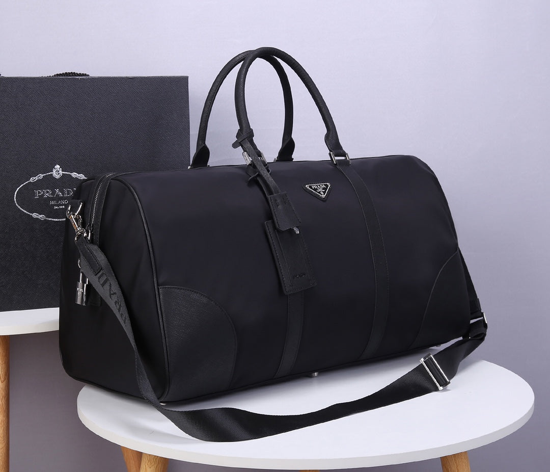 PRADA 55 TRAVEL BAG IN BLACK WATERPROOF FABRIC