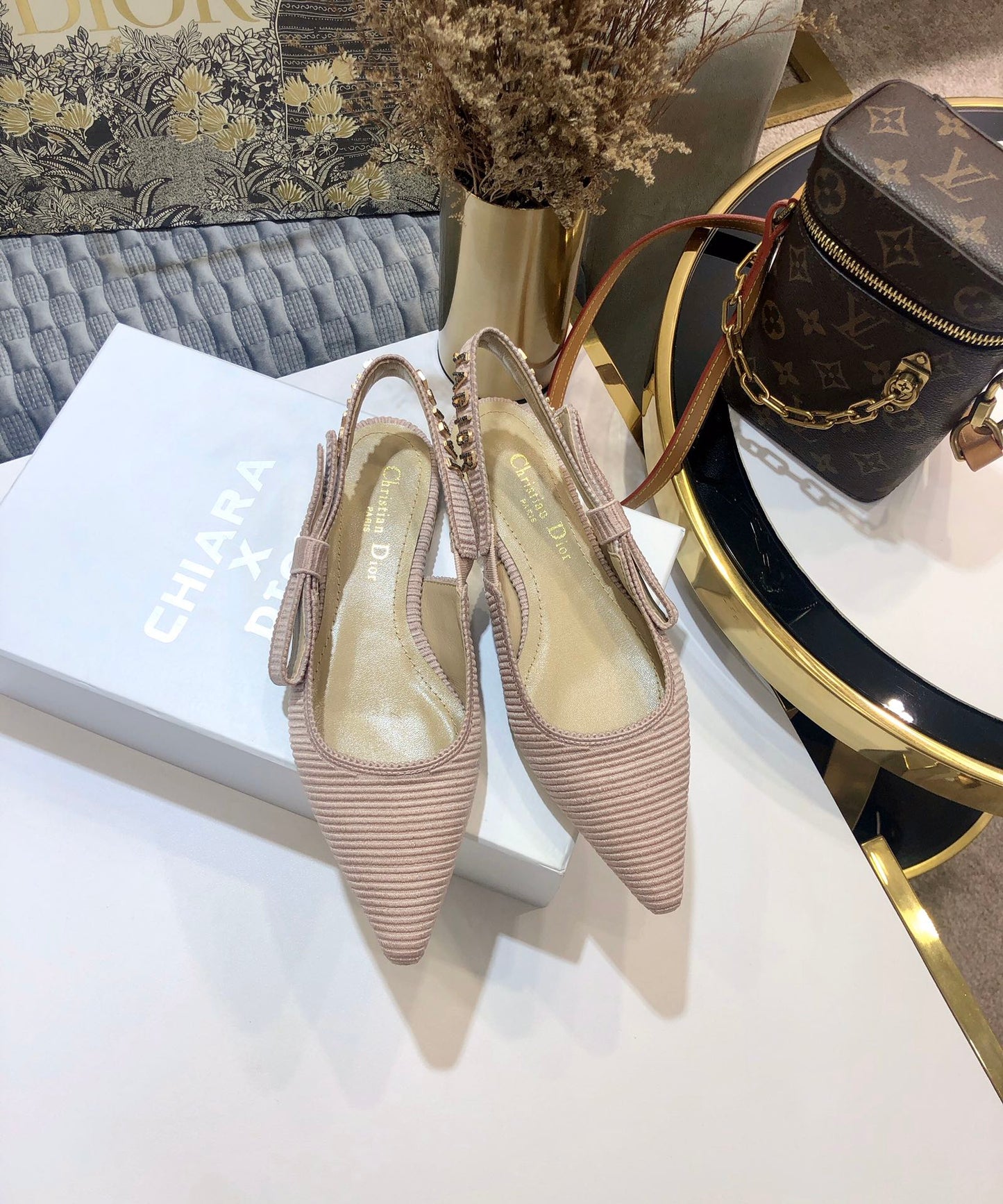 DIOR JA DIOR slingback flat all rose canelle embroidered cotton