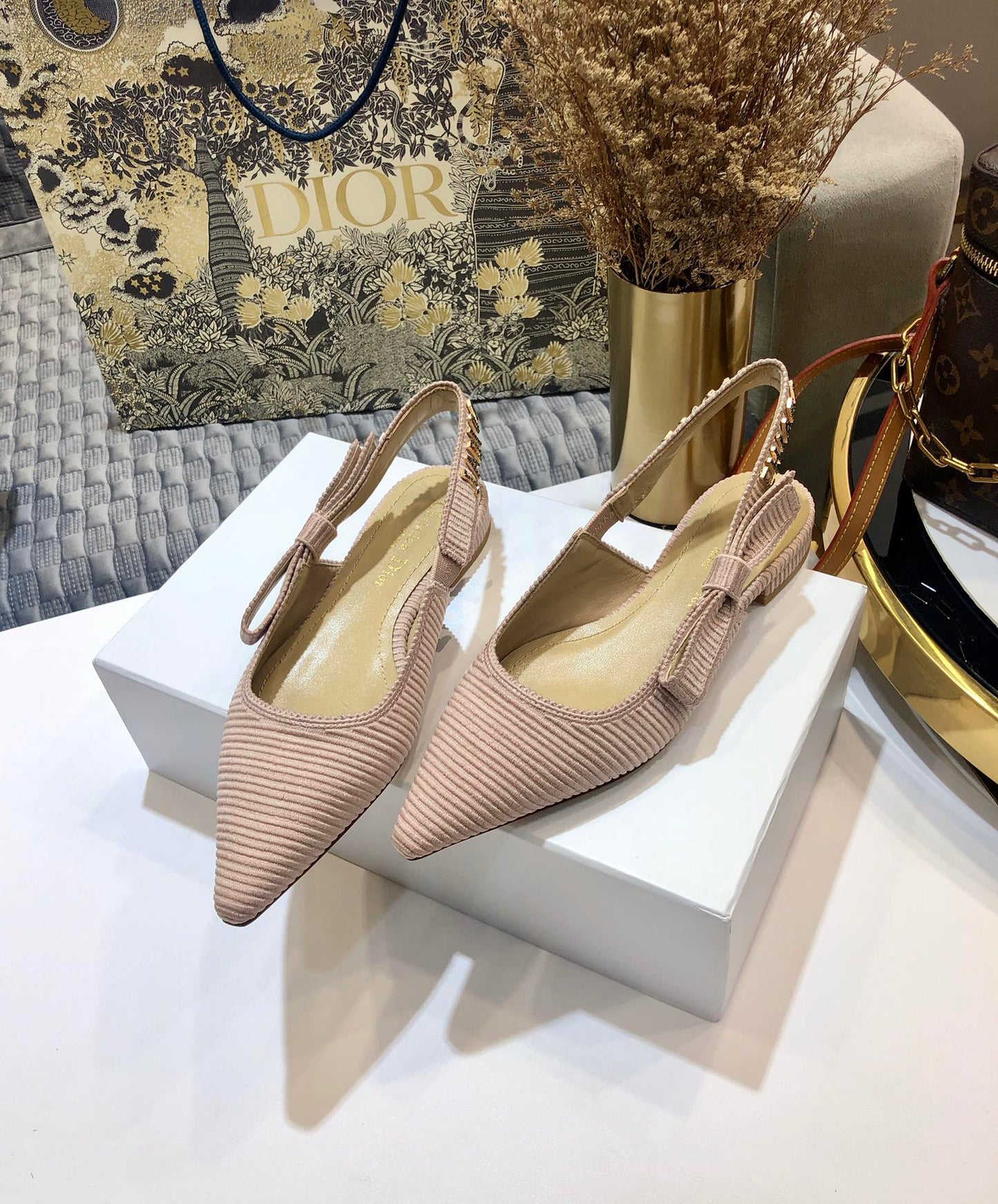 DIOR JA DIOR slingback flat all rose canelle embroidered cotton