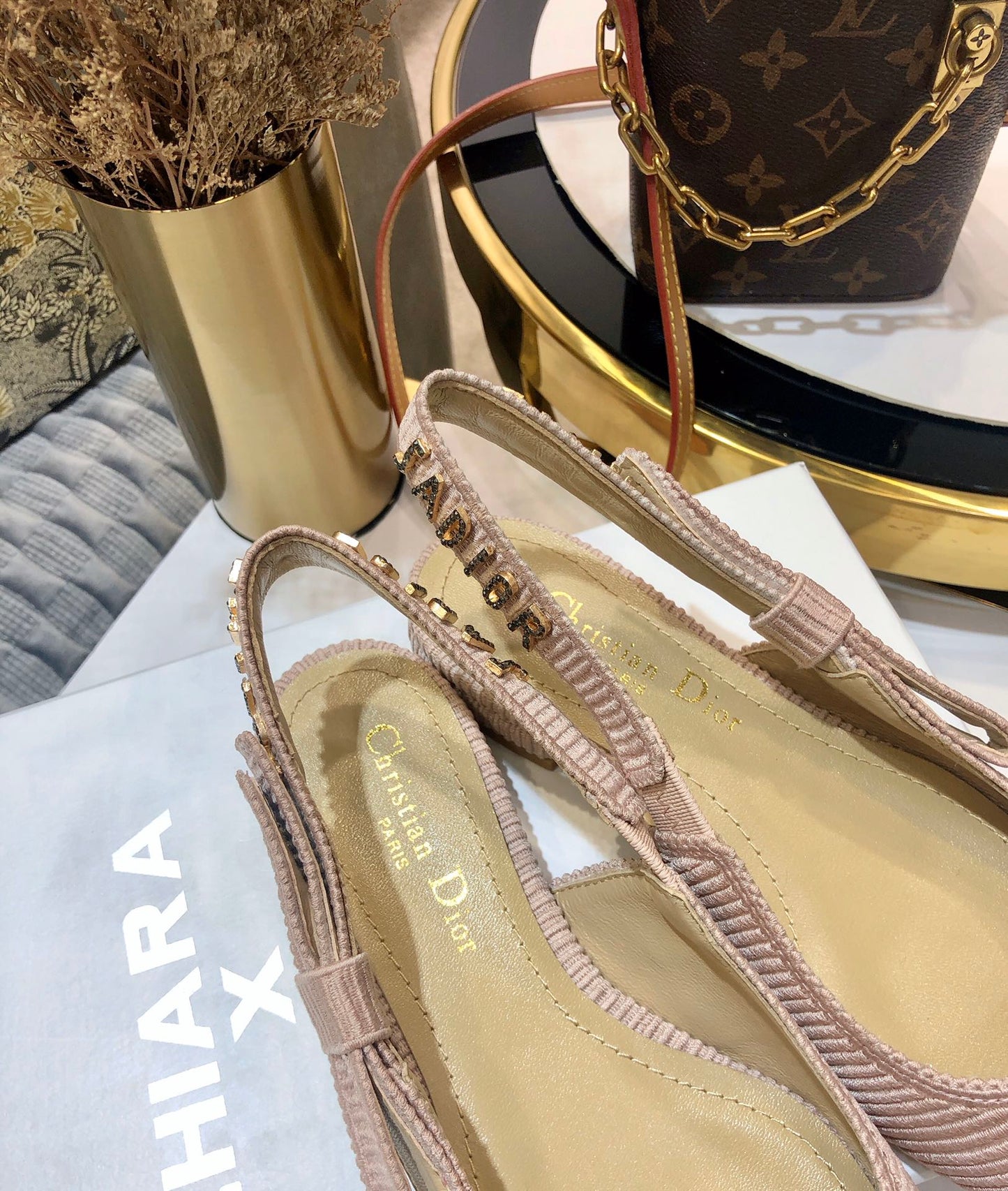 DIOR JA DIOR slingback flat all rose canelle embroidered cotton