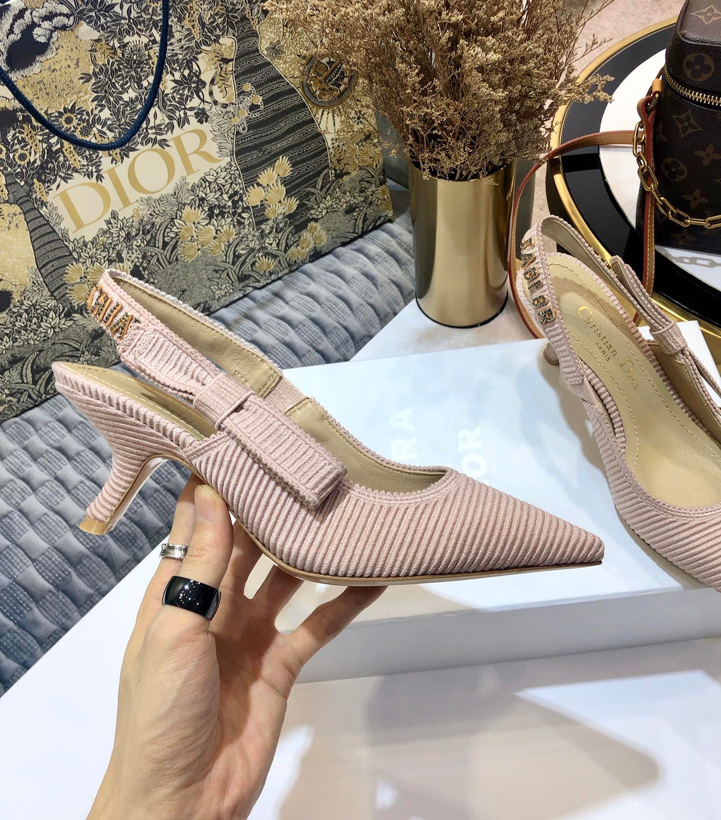 DIOR JA DIOR slingback pumps 65 all rose canelle embroidered cotton