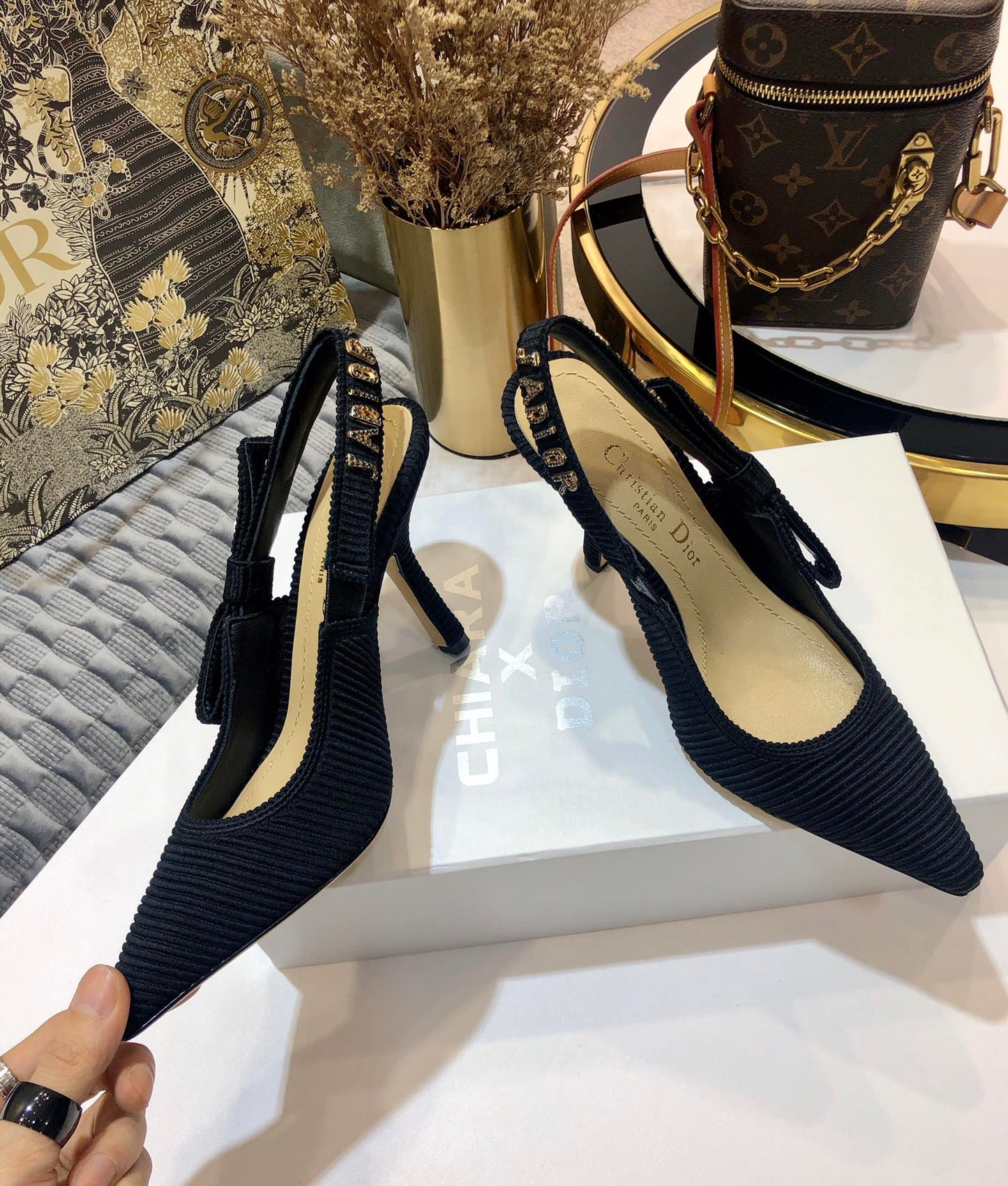 DIOR JA DIOR slingback pumps 95 all black embroidered cotton